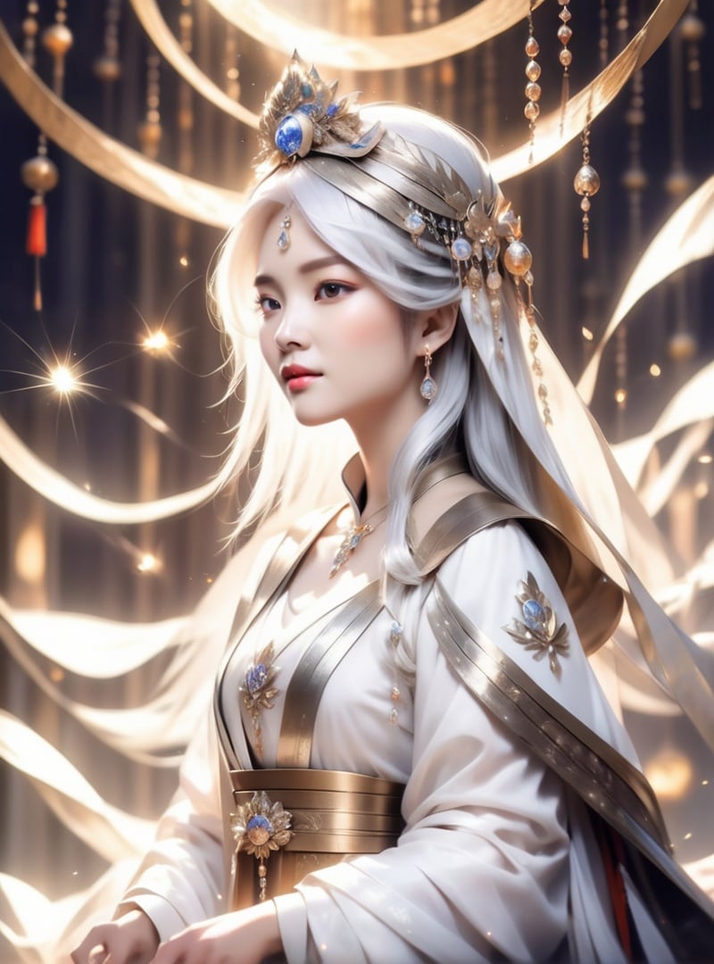 (masterpiece,best quality:1.5), , asian woman with white hair, straight hair, headwear, jewelly, Chinese fairy, ancient empress, casting spell, magic effect, mysterious