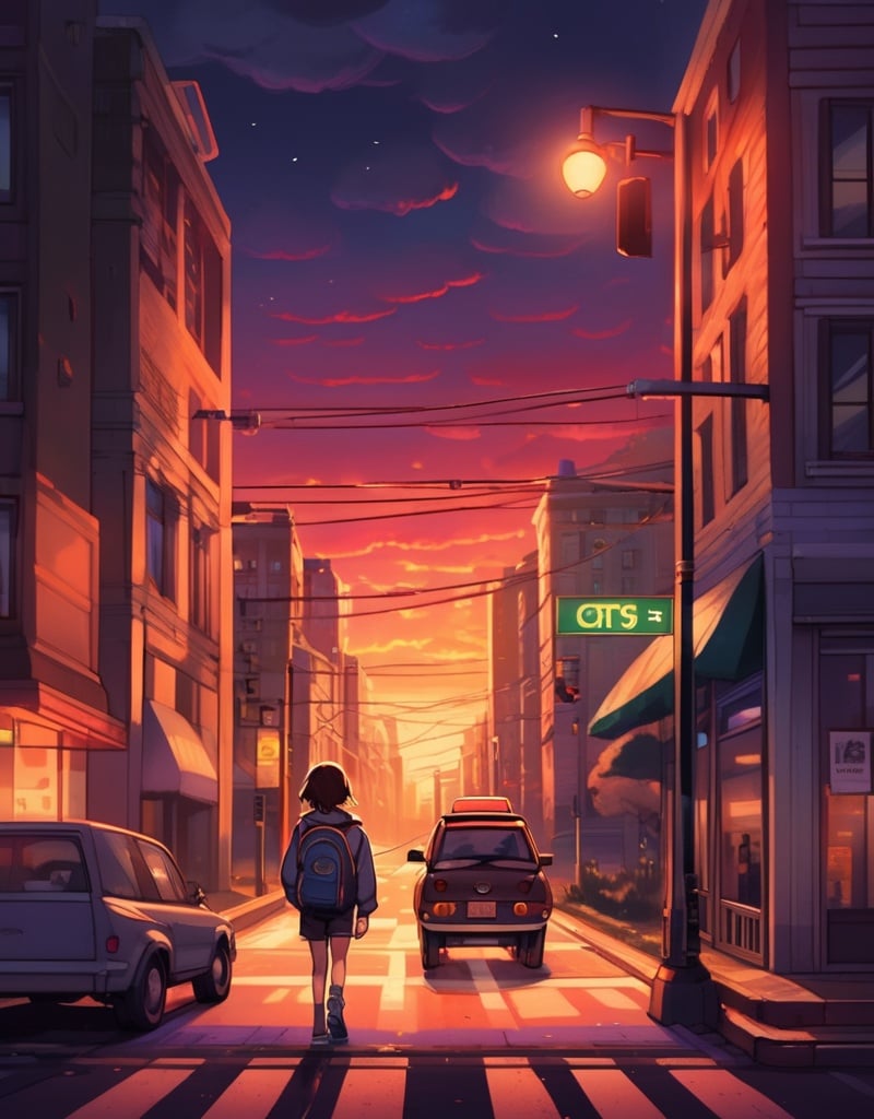 1boy, 1girl, backpack, bag, brown eyes, building, car, city, cloud, crosswalk, evening, ground vehicle, hood, hood down, hoodie, lofi style, long sleeves, motor vehicle, outdoors, power lines, road, scenery, shoes, short hair, shorts, sign, sky, sneakers, solo focus, standing, street, sunset, traffic light, twilight, walking