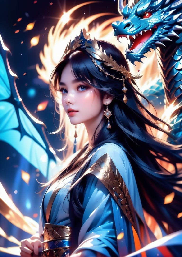 (mysterious:1.3), ultra-realistic mix fantasy,(1 giant eastern dragon:1.3) (behind an asian woman holding a glowing sword:1.1),void energy diamond sword, in the style of dark azure and light azure, mixes realistic and fantastical elements, vibrant manga, uhd image, glassy translucence, vibrant illustrations, ultra realistic, long hair, straight hair, white hair,head jewelly, jewelly, shawls,light In eyes, red eyes, portrait, firefly, mysterious, fantasy, cloud, abstract, colorful background, night sky, flame,  very detailed, high resolution, sharp, sharp image, 4k, 8k, masterpiece, best quality, magic effect, (high contrast:1.4), dream art, diamond, skin detail, face detail, eyes detail, mysterious colorful background, dark blue themes