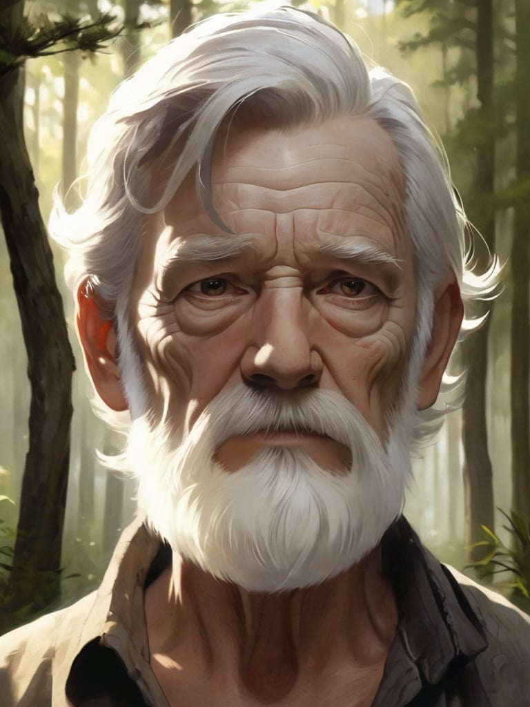 1boy, beard, detailed skin, facial hair, looking at viewer, male focus, mysterious, old, old man, portrait, realistic, scar, solo, white hair, wrinkled skin, forest background