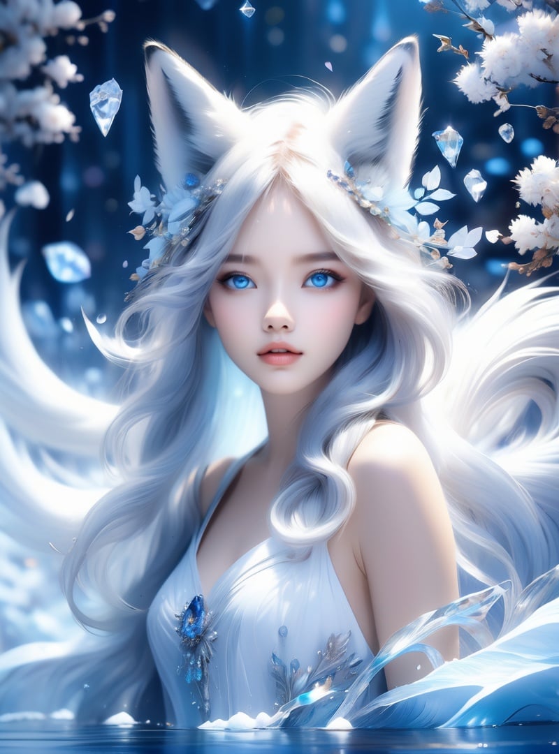 masterpiece, best quality, official art, extremely detailed cg 8k wallpaper, (flying petals) (detailed ice) , crystals texture skin, cold expression, ((fox ears)), white hair, long hair, messy hair, blue eye, looking at viewer, extremely delicate and beautiful, water, ((beauty detailed eye)), highly detailed, cinematic lighting, ((beautiful face), fine water surface, (original figure painting), ultra- detailed, incredibly detailed, (an extremely delicate and beautiful), beautiful detailed eyes, (best quality)