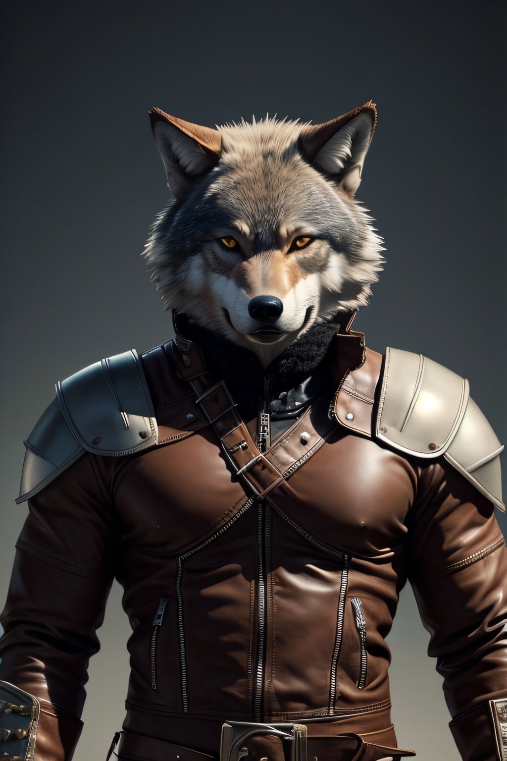 The picture shows a wolf wearing a helmet and wearing a leather jacket. The wolf has a formidable and powerful appearance, reminiscent of a warrior. The helmet he wears is made of heavy metal and has sharp teeth all around. The helmet covers his eyes, creating a mysterious and unapproachable look. Wolf also wears a leather jacket, which gives him extra protection and looks very stylish. The jacket has many small details such as embroideries, buttons and pockets that make it even more interesting and unique. The eyes of the wolf are hidden under the helmet, but their intensity and power penetrate the metal mask. The look of the wolf is full of determination and confidence, it expresses his strength and character. The wolf in the helmet has incredible power and strength. His muscular frame and formidable appearance speak of his unsurpassed physical strength. He looks like an invincible warrior, ready to take on any opponent. All these details create the image of a helmeted wolf, which is a powerful and impressive character., (waifu, anime, exceptional, best aesthetic, new, newest, best quality, masterpiece, extremely detailed:1.2),