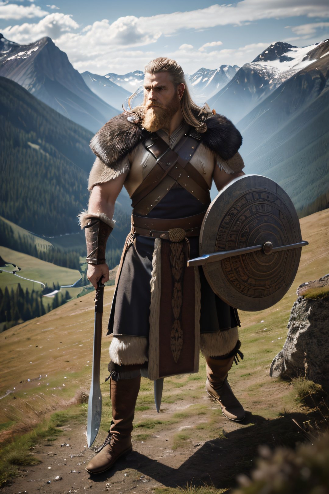 an awarded photography of Wulfrik the Wanderer - A fierce and bearded Norse warrior, wielding a rune-inscribed great axe., at Foehn Wind: A warm and dry wind that descends down a mountain slope, causing rapid temperature changes. , masterpiece, ultrasharp, depth of field and boekh, best quality,