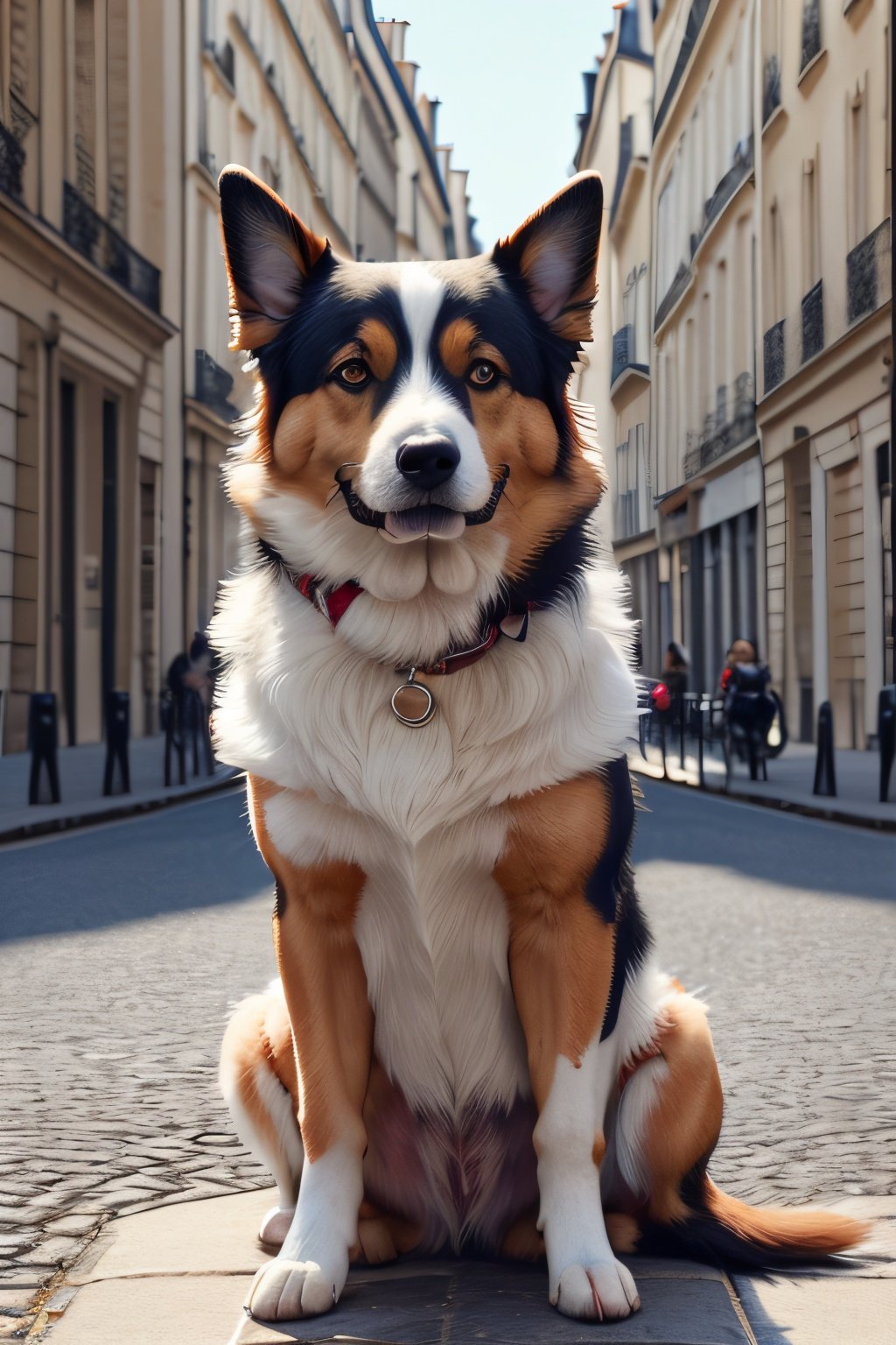 (masterpiece, best quality, official art, beautiful and aesthetic),yorshire dog in Paris, starring at the city, looking happy, friendly