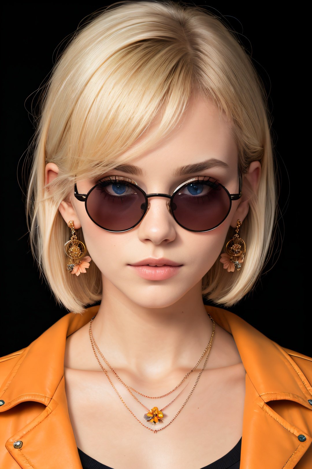 (masterpiece:1.2), best quality,solo, tinted eyewear, jewelry, hair ornament, looking at viewer, black background, 1girl, short hair, blue eyes, earrings, simple background, flower, upper body, hair flower, orange-tinted eyewear, sunglasses, necklace, jacket, closed mouth, floral print, bangs, blonde hair, white hair, makeup, round eyewear, piercing