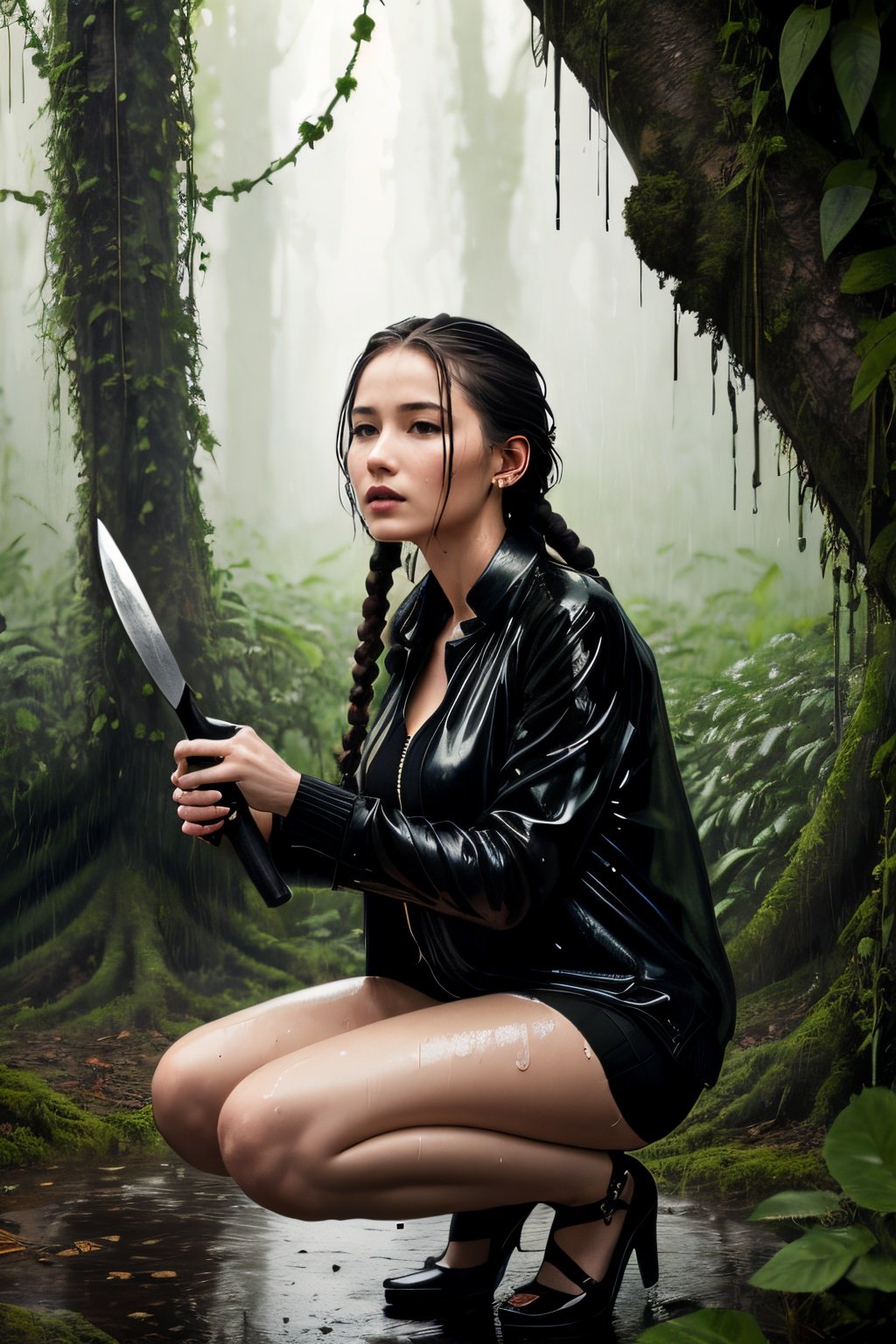 A Jungle, In Heavy Rain, Monochromatic, Vines Everywhere, Giant Wet Trees Oil Painting, Flower Photography, 1 Wet Woman, Twin Braids, Hair Behind Ear, Sheer Jacket, Sheer Clothes, Wet Clothes, Squatting , holding knife