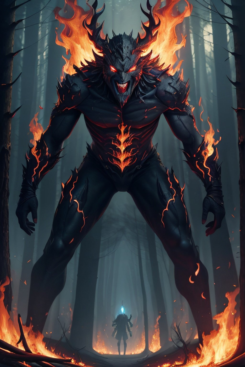 (masterpiece, best quality, official art, beautiful and aesthetic), malicious fire elemental, embodiment evil form, (burning forest), evil eyes, evil smile, glowing eyes and mouth, trees on fire and rising smoke background, faint blue hue, swirling fire, mythical, mystical