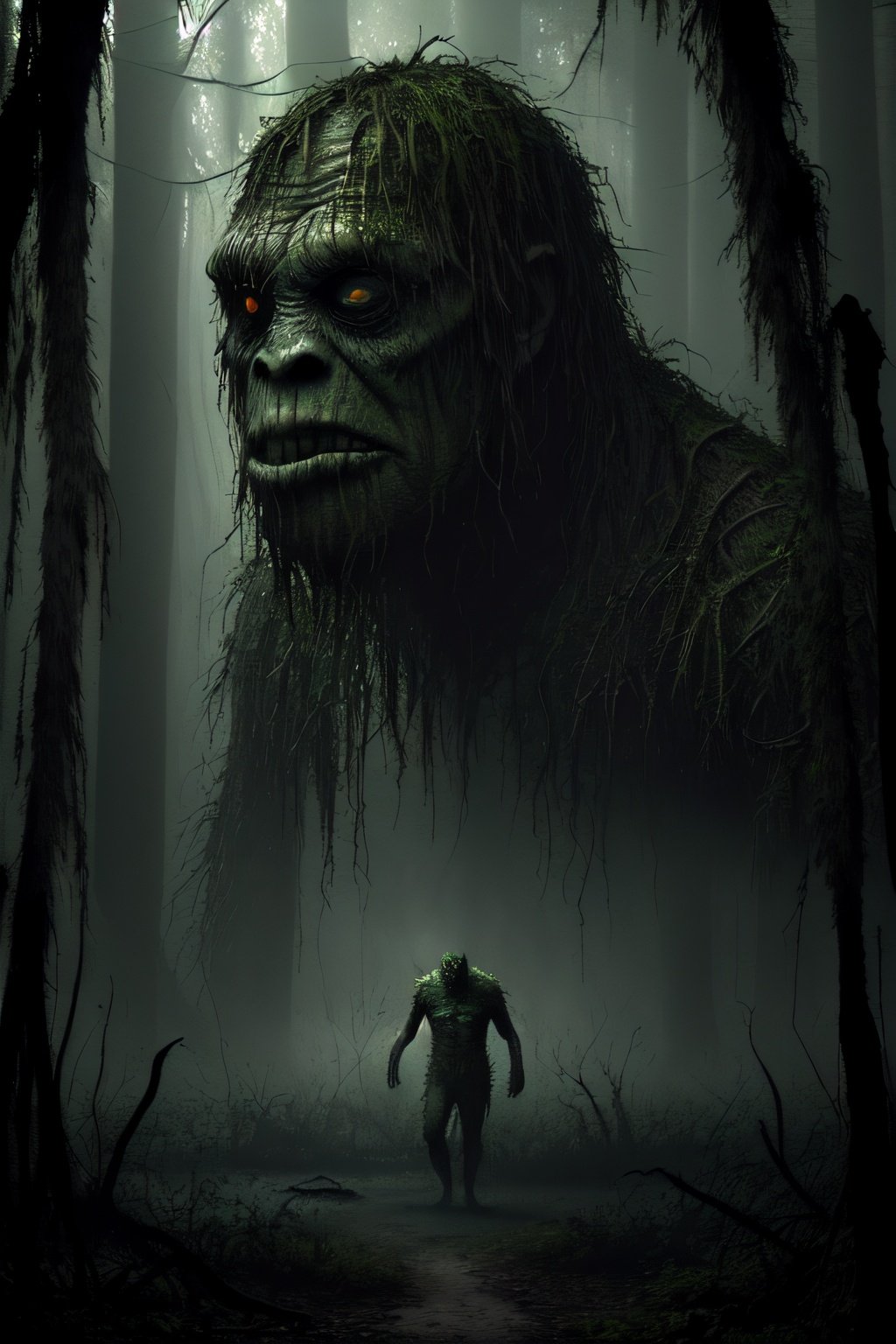 (Masterpiece),The swamp monster has weeds hiding its face. The monster emerges from the swamp into a forest with trees, Dark/Gritty mood, Scary/Frightening,High Detail, 8K, HDR, Realistic, Dramatic, Photorealistic 