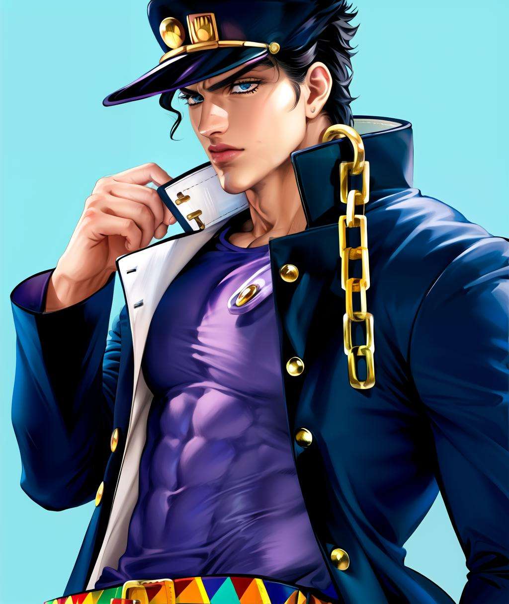 [semi realism, masterpiece, best quality, anime, highly detailed face, perfect anatomy:5], (kujo jotaro, solo), hat, chain, coat, belts, (blue greenish Eyes, black Hair), 1boy, Muscular Man, <lora:jotaro:0.86> AS-Adult,  <lora:sakimichan-v1.6-lora-naivae-newcraft:0.44> muscular, opening jacket,