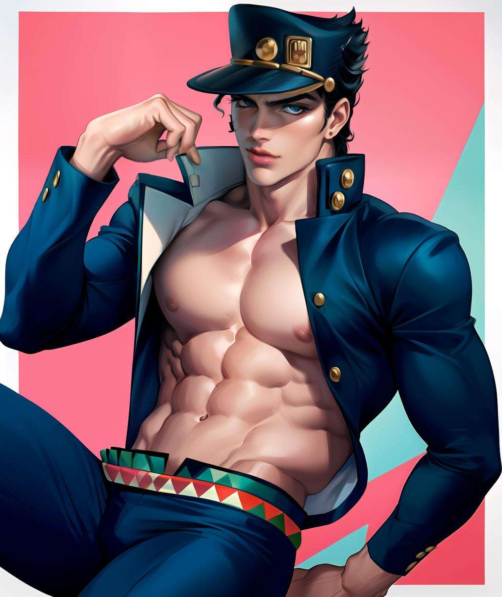 [semi realism, masterpiece, best quality, anime, highly detailed face, perfect anatomy:5], (kujo jotaro, solo), shirtless, (blue greenish Eyes, black Hair), 1boy, Muscular, pectorals, <lora:jotaro:0.66> <lora:sakimichan-v1.6-lora-naivae-newcraft:0.44> muscular, medium length hair, stud earrings, topless