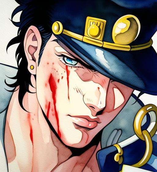 injury, blood, [anime, lineart, masterpiece, best quality, anime, highly detailed face, perfect anatomy:5], (kujo jotaro, solo),portrait, (blue greenish Eyes, black Hair), 1boy, Muscular, pectorals, <lora:jotaro:0.69>  muscular, medium length hair, male focus, chain, stud earring, watercolor, dramatic, pixiv, 