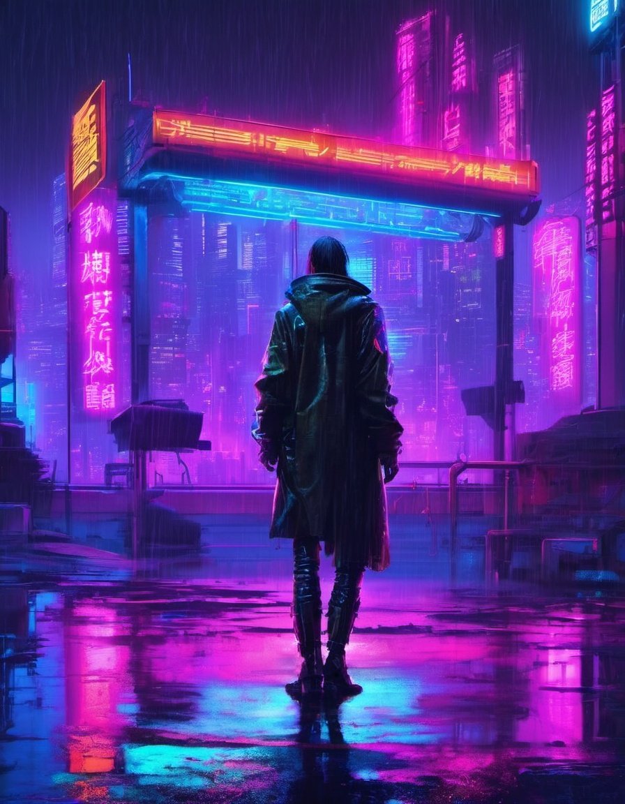 cyberpunk style, neon lights, rain, from behind, cyberpunk, night, city, scenery, facing away, solo, outdoors, science fiction, building <lora:cyberpunk_style_xl-off:0.8> 