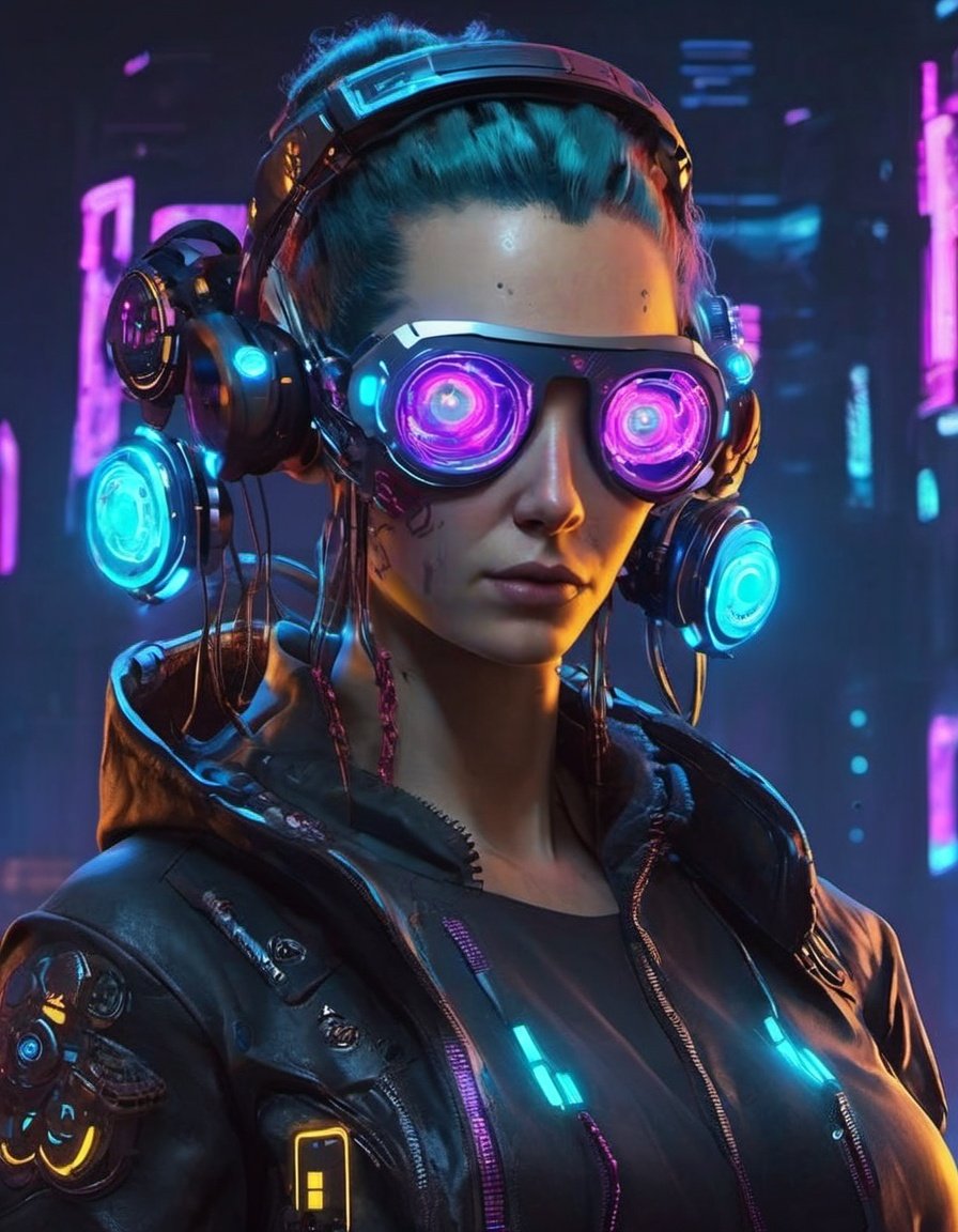 cyberpunk style, a cyberpunk character sporting augmented reality implants and glowing cybernetic eyes.<lora:cyberpunk_style_xl-off:0.8> 