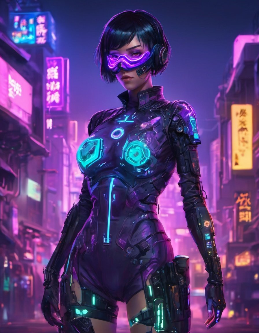 cyberpunk style, 1girl, solo, glowing, neon trim, short hair, medium breasts, breasts, looking at viewer, black hair, glowing eyes, night, mask, science fiction, cyberpunk, standing, cowboy shot, sky, outdoors, arms at sides, blurry, bodysuit, purple eyes, blurry background<lora:cyberpunk_style_xl-off:0.8> 