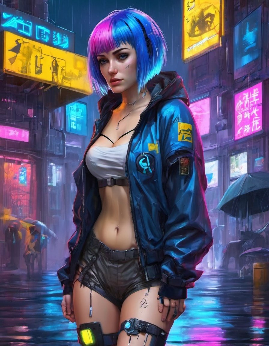 cyberpunk style, 1girl, cyberpunk, lucy (cyberpunk), solo, neon lights, multicolored hair, bangs, night, moon, realistic, breasts, lips, bare shoulders, science fiction, short hair, rain, blue hair, city, jacket, outdoors, sleeveless, medium breasts, thighs, shorts<lora:cyberpunk_style_xl-off:0.8> 