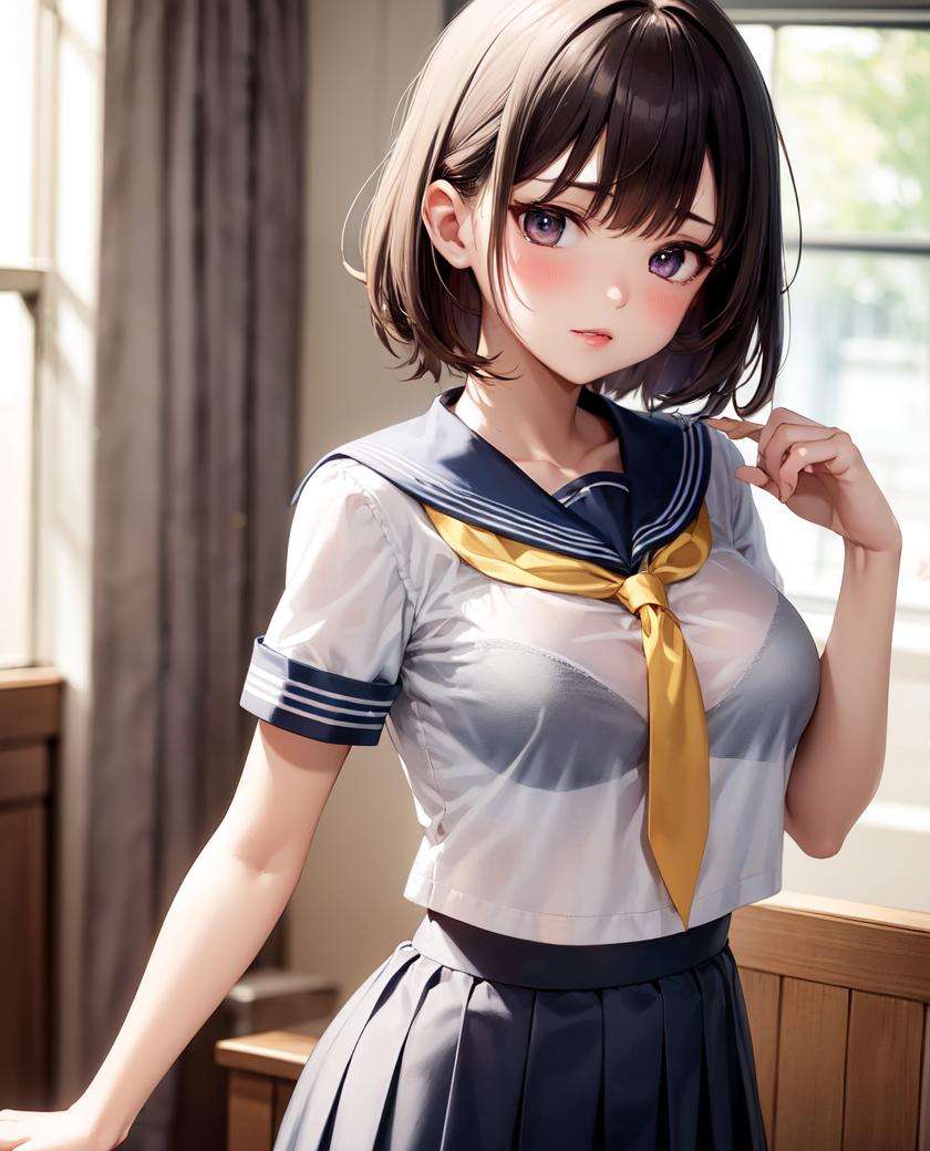 (bra visible through clothes:1.0), (bra:1.0), 1girl, solo, medium breasts, indoors, standing, sailor collar, serafuku, short sleeves, pleated skirt, upper body, see-through, , females hand, 