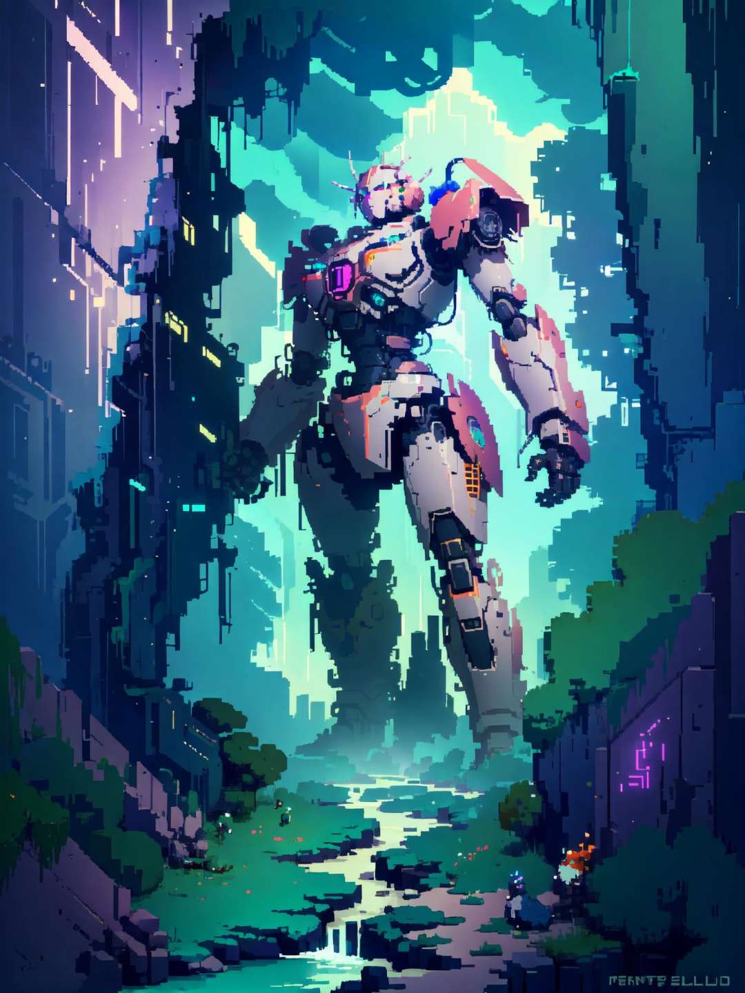 beautiful and magic forest, full of various flowers, (ancient giant mecha:1.3), multiple different animals and birds, waterfall, architecture, art nouveau, temple,  tech, neon colors, <lora:Hyper Diffusion:0.8>, HLD style, <lora:pixel_art:0.3>