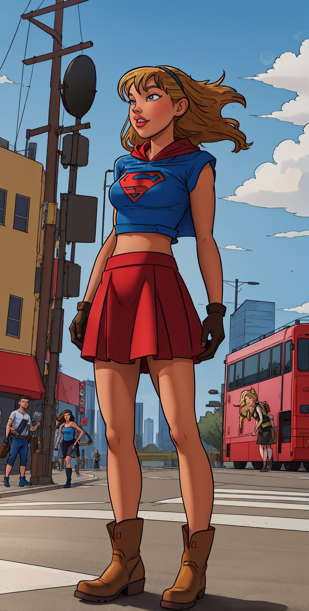 (cowboy shot), sfw, (masterpiece), (best quality:1.0), (ultra highres:1.0), detailed eyes,BREAK  Supergirl, 1girl, long blonde hair, midair, flyinghairband, \(white\) crop top, short sleeves, cape, blue pencil skirt, gloves, bootsBREAK(clouds, city, gorgeous view), <lora:EMS-19590-EMS:0.8>