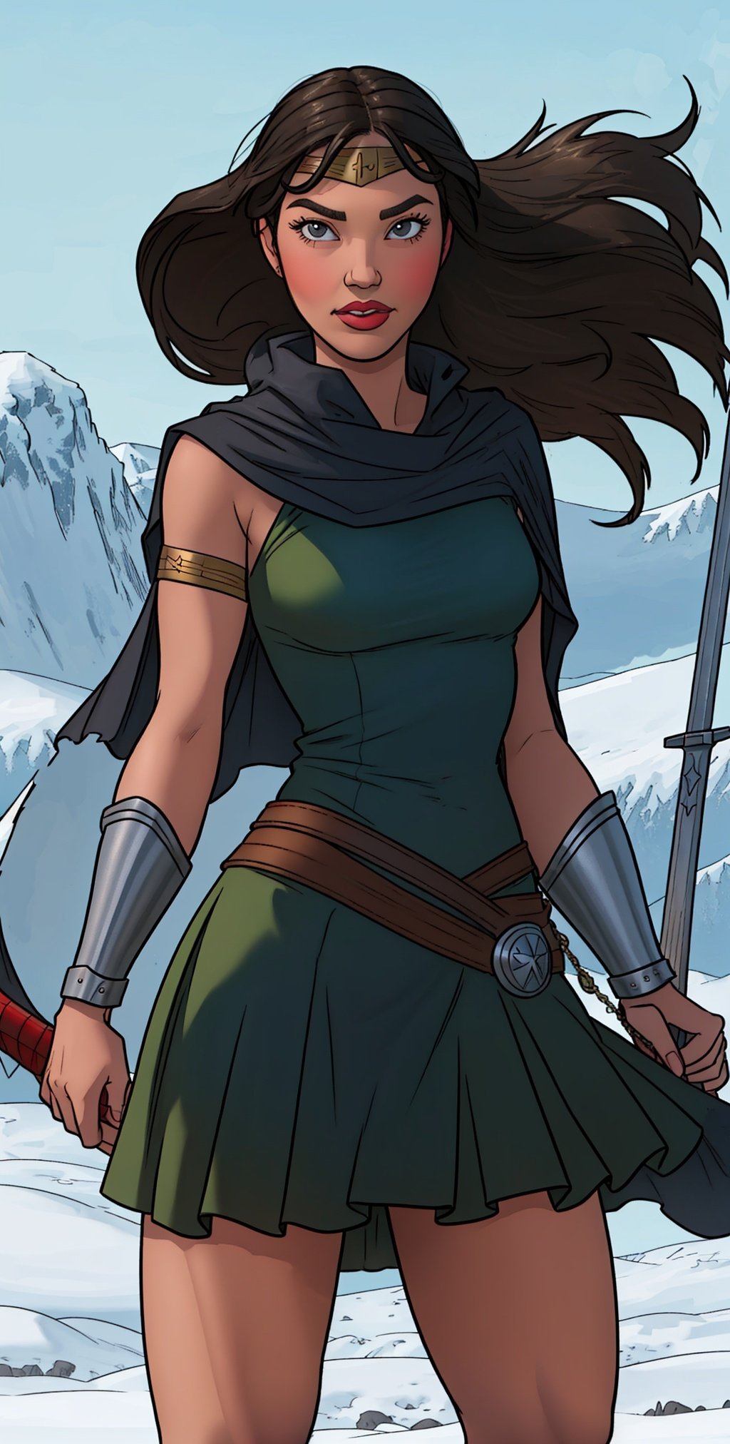 jim lee,1girl, wonder woman, armlet, black hair, blurry, bracer, breath, cape, cowboy shot, depth of field, holding, holding weapon, lasso, looking at viewer, parted lips, pommel, realistic, reverse grip, shield, skirt, snow, snowing, solo, superhero, sword, tiara, toned, weapon, weapon behind back, ((masterpiece)), <lora:EMS-19590-EMS:0.8>