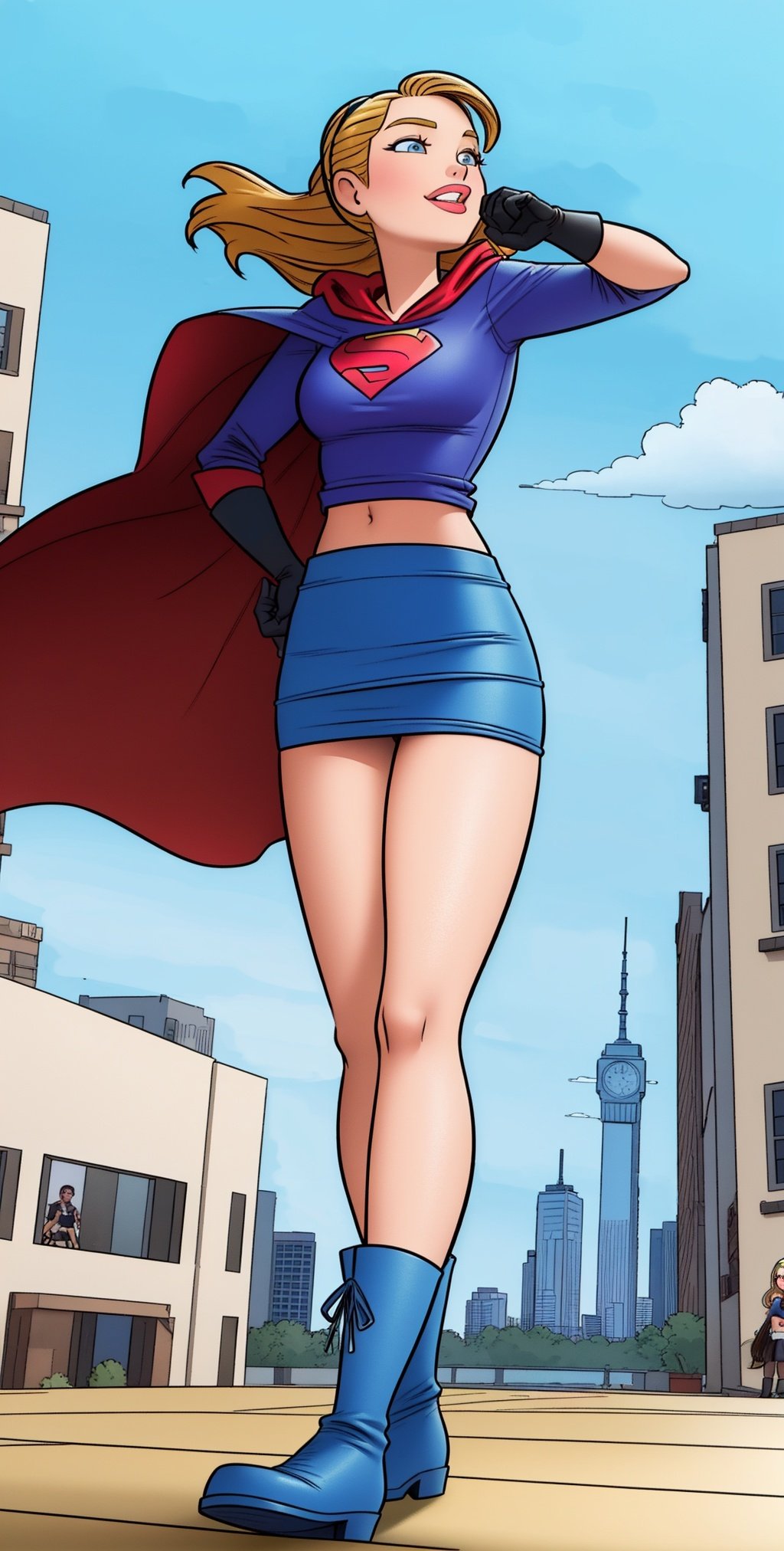 (cowboy shot), sfw, (masterpiece), (best quality:1.0), (ultra highres:1.0), detailed eyes,BREAK  Supergirl, 1girl, long blonde hair, midair, flyinghairband, \(white\) crop top, short sleeves, cape, blue pencil skirt, gloves, bootsBREAK(clouds, city, gorgeous view), <lora:EMS-19590-EMS:0.8>