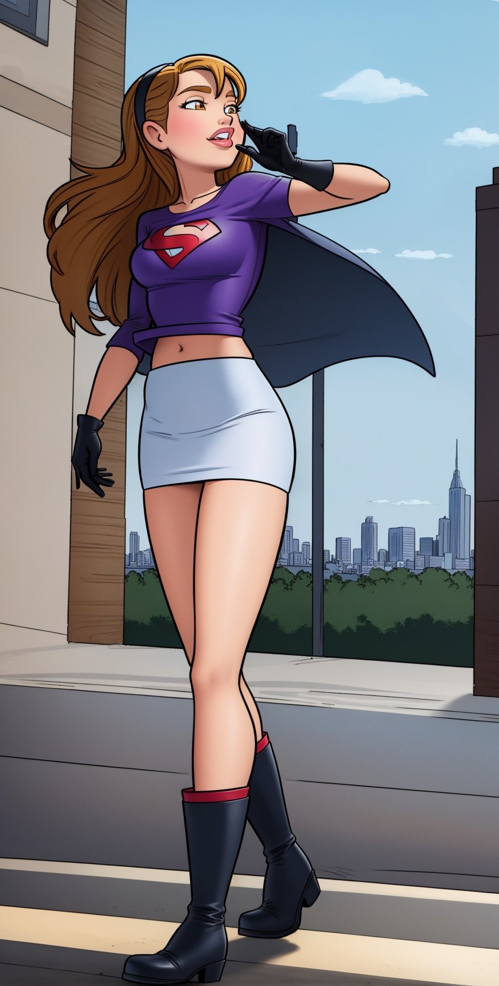 (cowboy shot), sfw, (masterpiece), (best quality:1.0), (ultra highres:1.0), detailed eyes,BREAK  Supergirl, 1girl, long blonde hair, midair, flyinghairband, \(white\) crop top, short sleeves, cape, blue pencil skirt, gloves, bootsBREAK(clouds, city, gorgeous view), <lora:EMS-19590-EMS:0.8>