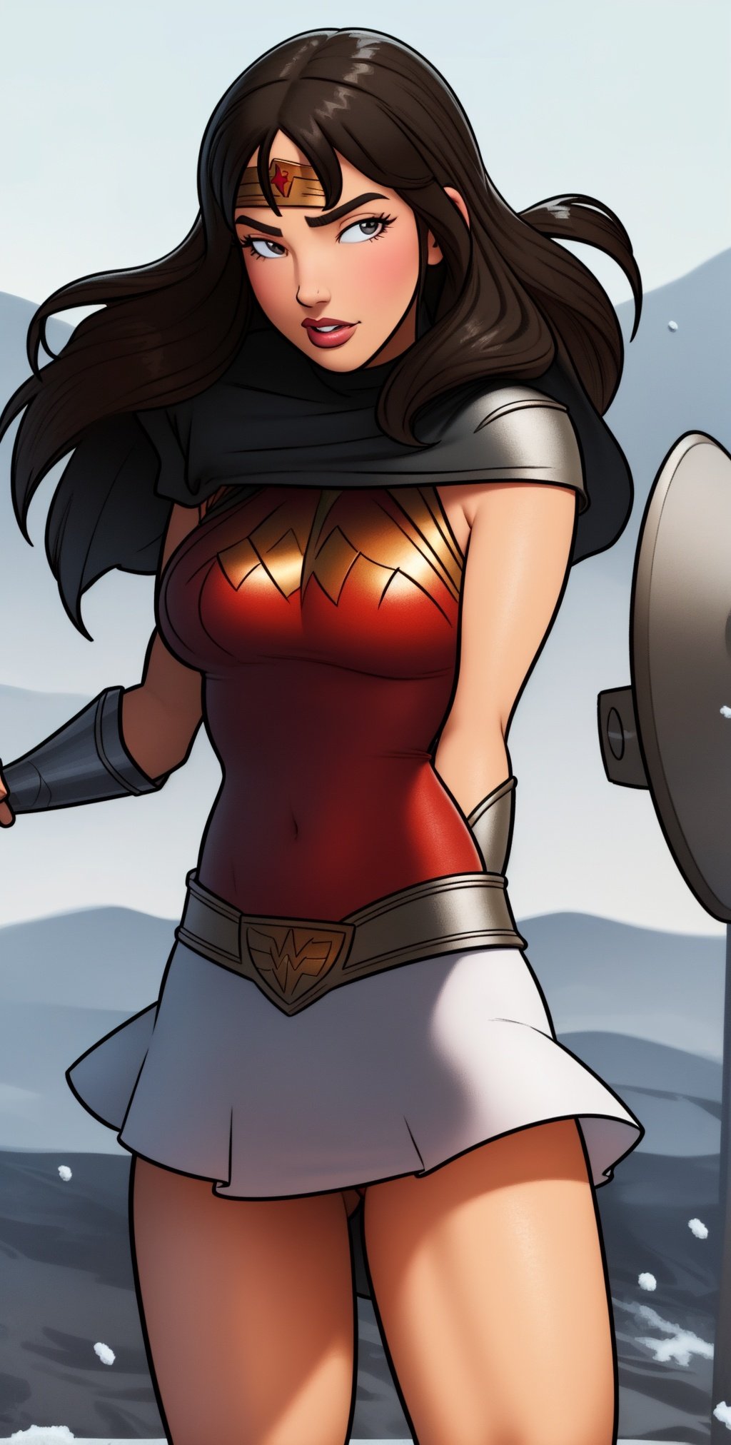 jim lee,1girl, wonder woman, armlet, black hair, blurry, bracer, breath, cape, cowboy shot, depth of field, holding, holding weapon, lasso, looking at viewer, parted lips, pommel, realistic, reverse grip, shield, skirt, snow, snowing, solo, superhero, sword, tiara, toned, weapon, weapon behind back, ((masterpiece)),Jabcomix, <lora:EMS-19590-EMS:0.8>
