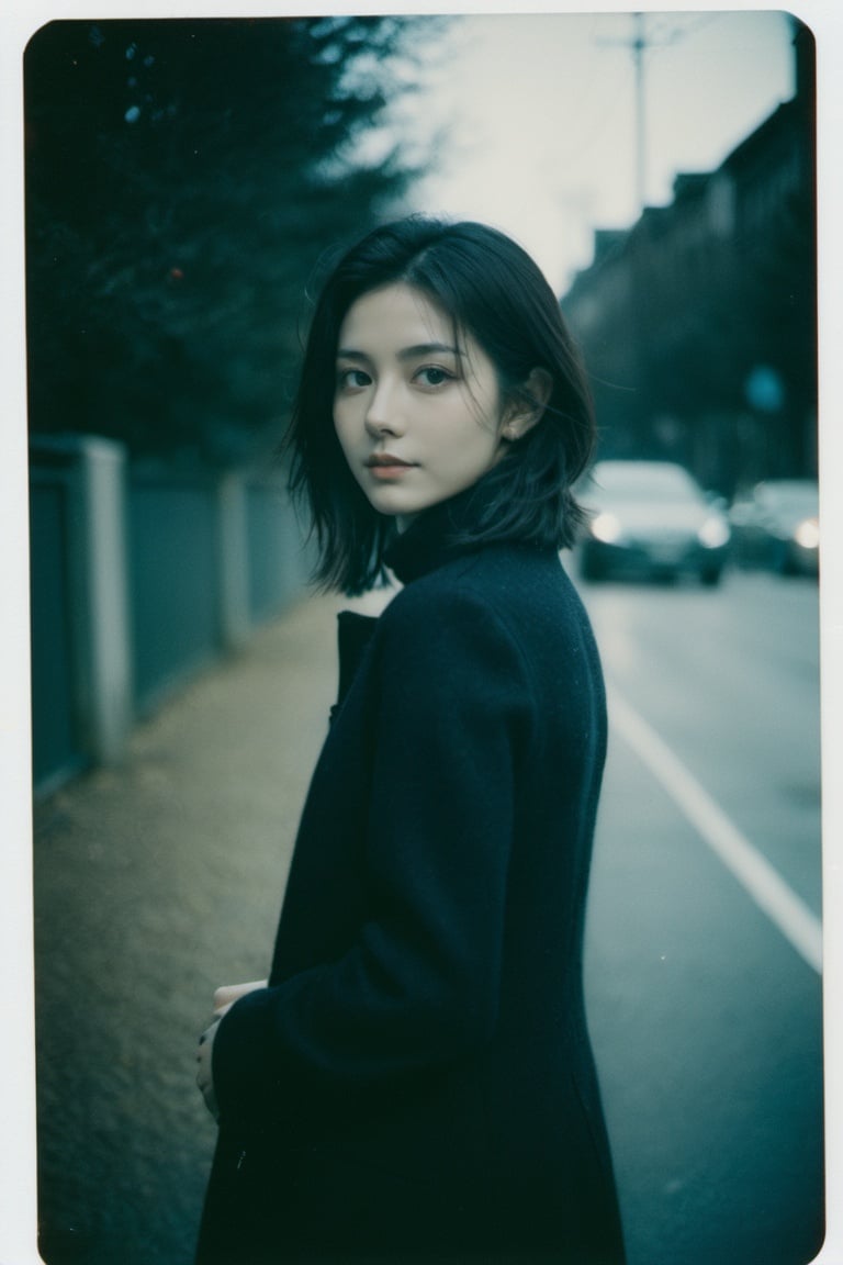 xxmix_girl,portrait of a woman,polaroid,film, graininess,smile,cold,dark theme,exposure