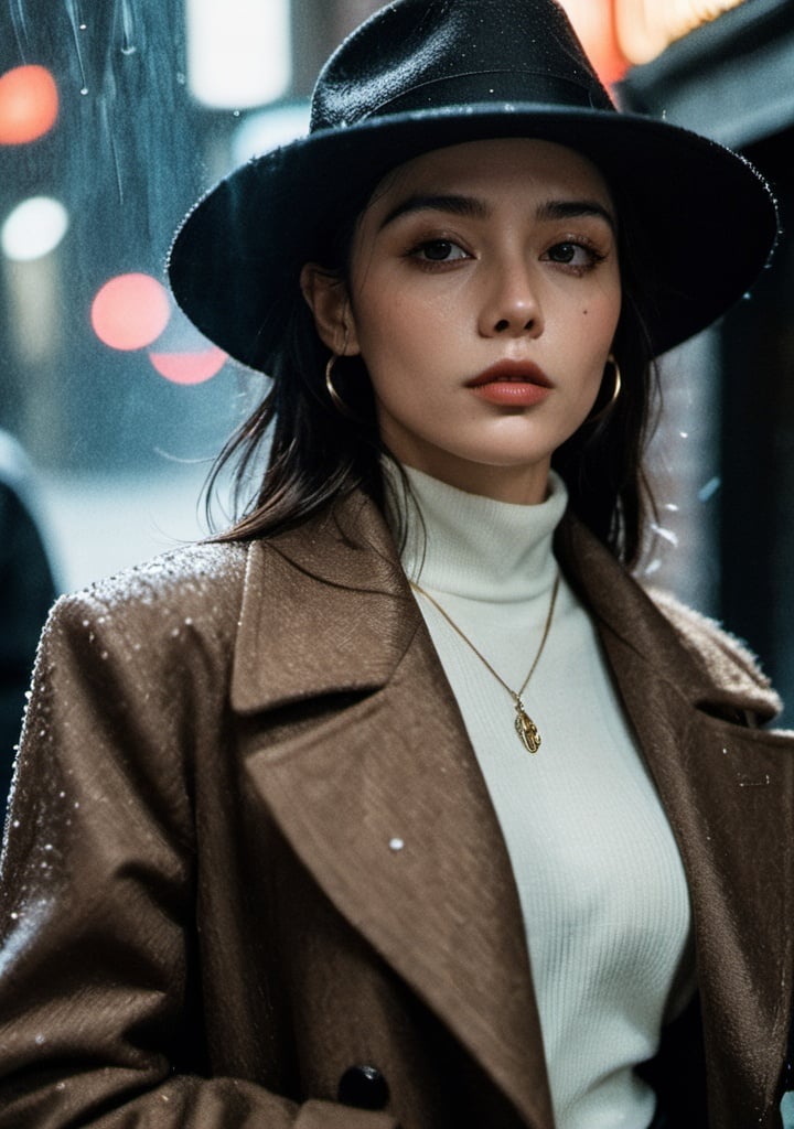 xxmix_girl,a woman, hat,long coat, cigar in mouth, smoking,gangstar, under ground business, raining, cool, close up shot,90s vibe,clean shot,peaky blinders style,black suit