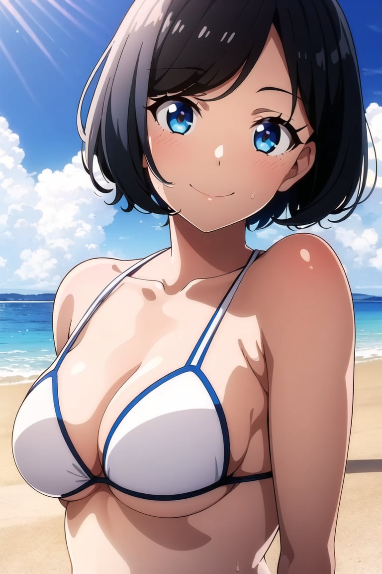 1girl,white bikini,(medium breasts:1.1),black hair,looking at viewer,standing,(swept bangs:1.3),(very short  hair,tomboy:1.1),black hair,smile,arms at sides,upper body,black hair,beach,sweat,blue sky <lora:anmnr01AOM3A1:0.72>