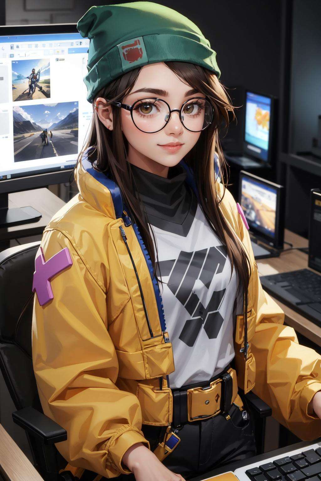 masterpiece, best quality, killjoy, green beanie, round glasses, yellow jacket, grey shirt, belt, black pants, upper body, computers, circuitry, robots, looking at viewer, smile <lora:killjoy-nvwls-v1-000012:0.9>