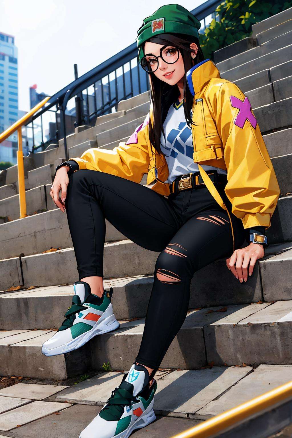 masterpiece, best quality, killjoy, green beanie, round glasses, yellow jacket, grey shirt, belt, black pants, torn pants, sneakers, sitting, city, street, stairs, looking at viewer, smile, from below <lora:killjoy-nvwls-v1-000012:0.9>