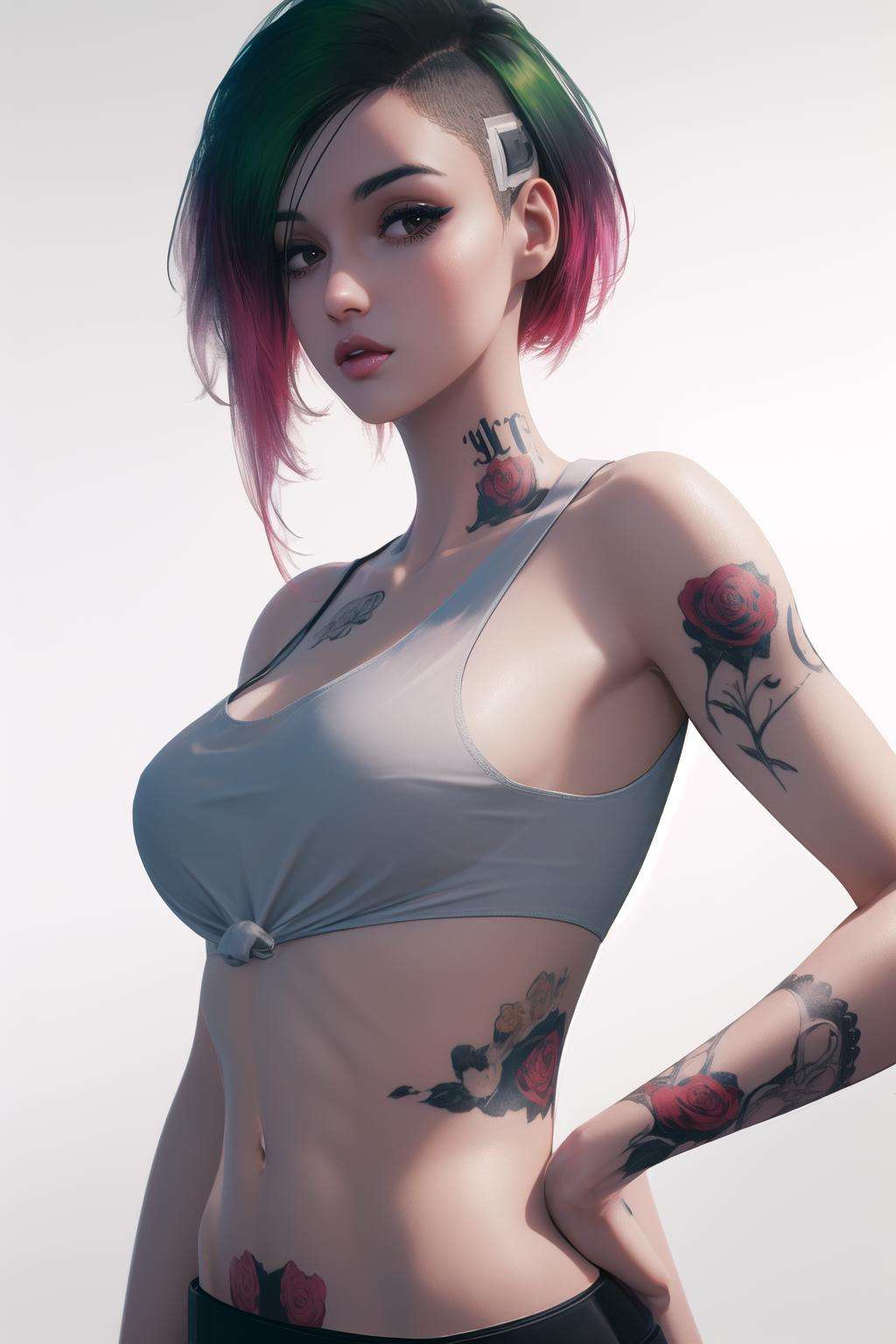 anime, hdr, soft light, ((best quality)), ((masterpiece)), (detailed), <lora:Judy_5_10-000009_2:0.8> judyalvarez, 1girl, multicolored hair, undercut, tattoo, tank top, looking at viewer, cowboy shot, white background