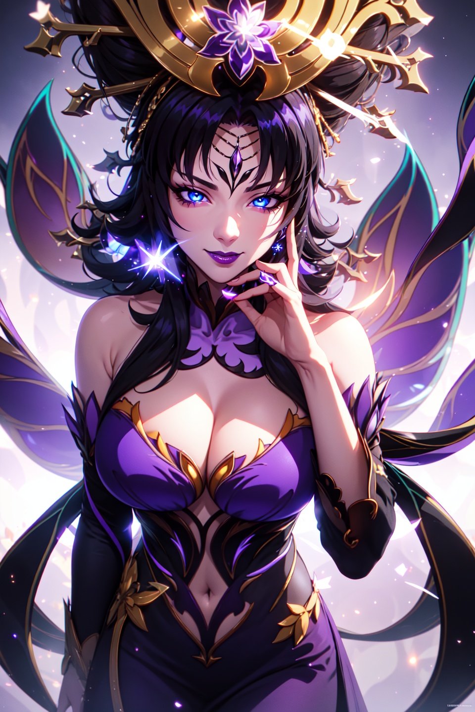 (purple phantylia),(masterpiece, best quality, ultra-detailed), (beautiful detailed face, beautiful detailed eyes, volumetric lighting),1girl, solo, cowboy shot, evil smile, hand on own cheek, black hair, very long hair, blue eyes, purple dress, (beautiful detailed background:1.2), (light particles, lens flare, chromatic aberration:1.3),