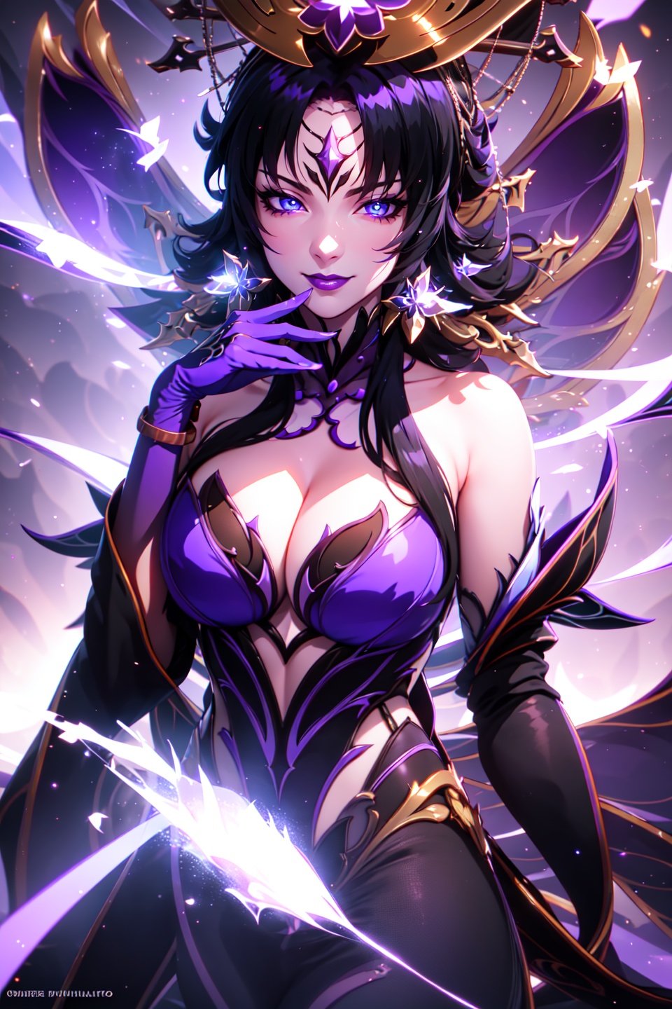 (purple phantylia),(masterpiece, best quality, ultra-detailed), (beautiful detailed face, beautiful detailed eyes, volumetric lighting),1girl, solo, cowboy shot, evil smile, hand on own cheek, black hair, very long hair, blue eyes, purple dress, (beautiful detailed background:1.2), (light particles, lens flare, chromatic aberration:1.3),