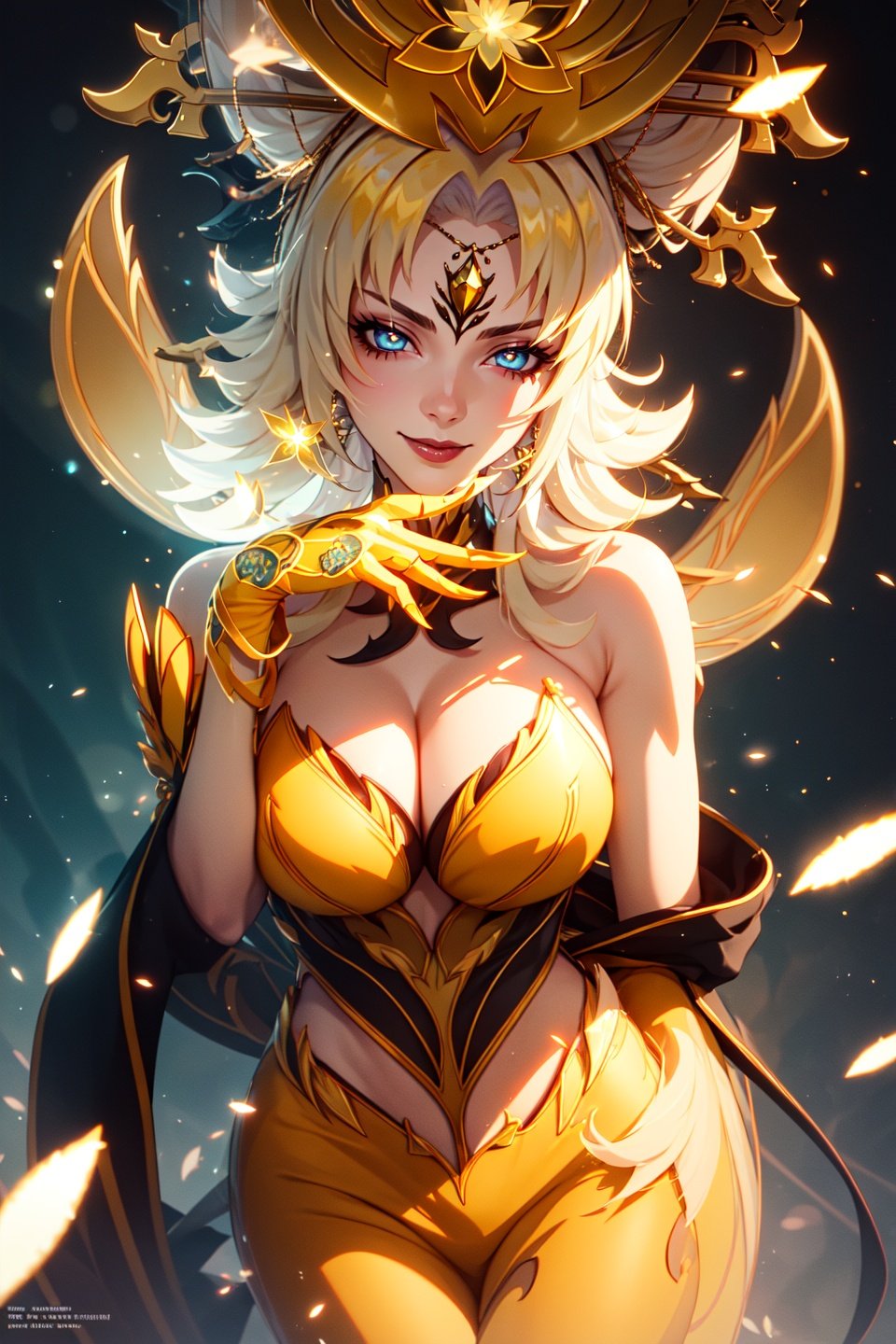 (yellow phantylia),(masterpiece, best quality, ultra-detailed), (beautiful detailed face, beautiful detailed eyes, volumetric lighting),1girl, solo, cowboy shot, evil smile, hand on own cheek, blonde hair, very long hair, blue eyes, yellow dress, (beautiful detailed background:1.2), (light particles, lens flare, chromatic aberration:1.3),