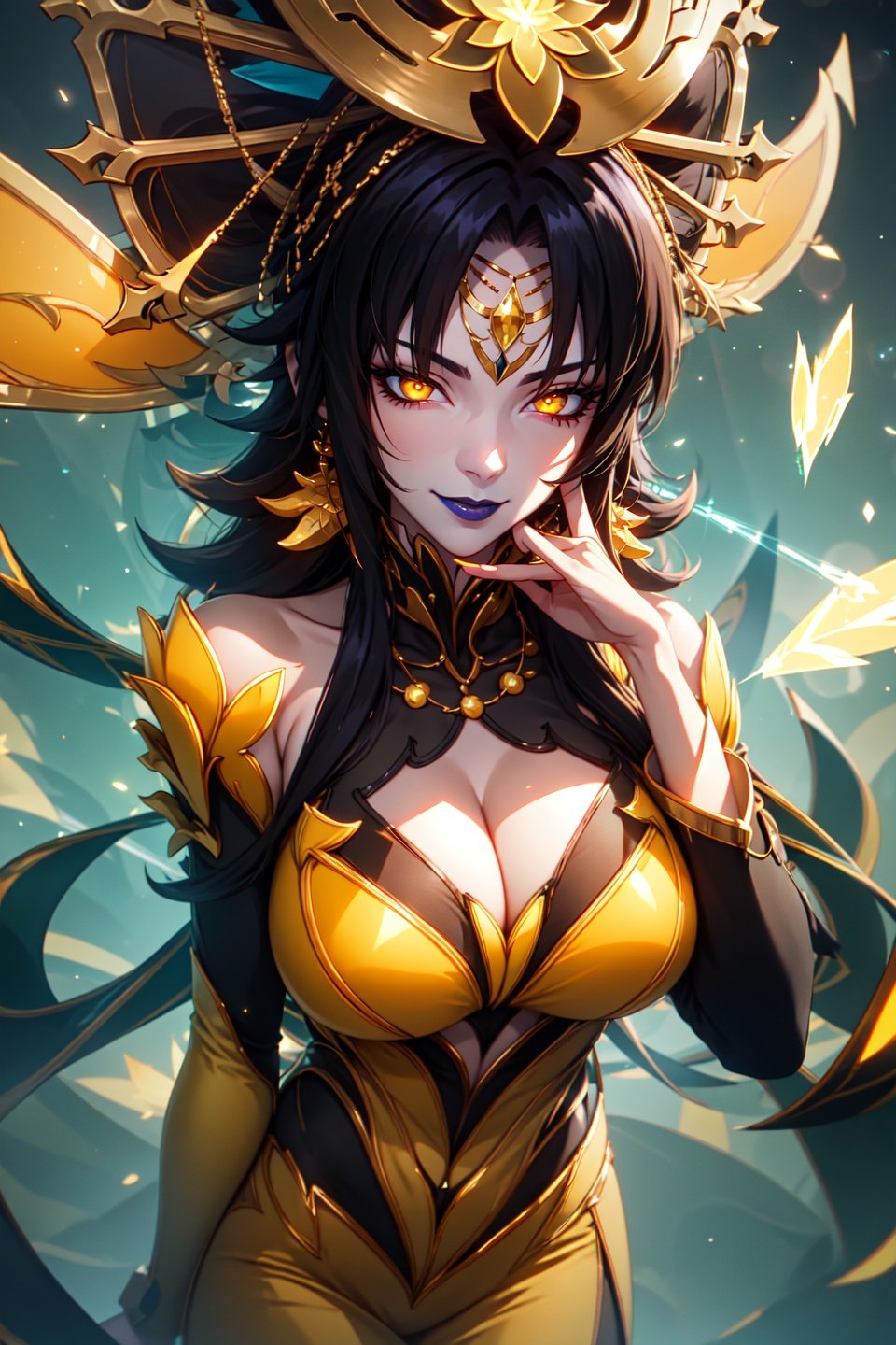 (green phantylia),(masterpiece, best quality, ultra-detailed), (beautiful detailed face, beautiful detailed eyes, volumetric lighting),1girl, solo, cowboy shot, evil smile, hand on own cheek, black hair, very long hair, (multicolored eyes,  yellow eyes, aqua eyes), blue lips, green dress,(beautiful detailed background:1.2), (light particles, lens flare, chromatic aberration:1.3),