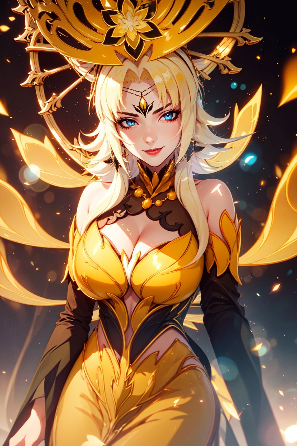 (yellow phantylia),(masterpiece, best quality, ultra-detailed), (beautiful detailed face, beautiful detailed eyes, volumetric lighting),1girl, solo, cowboy shot, evil smile, hand on own cheek, blonde hair, very long hair, blue eyes, yellow dress, (beautiful detailed background:1.2), (light particles, lens flare, chromatic aberration:1.3),