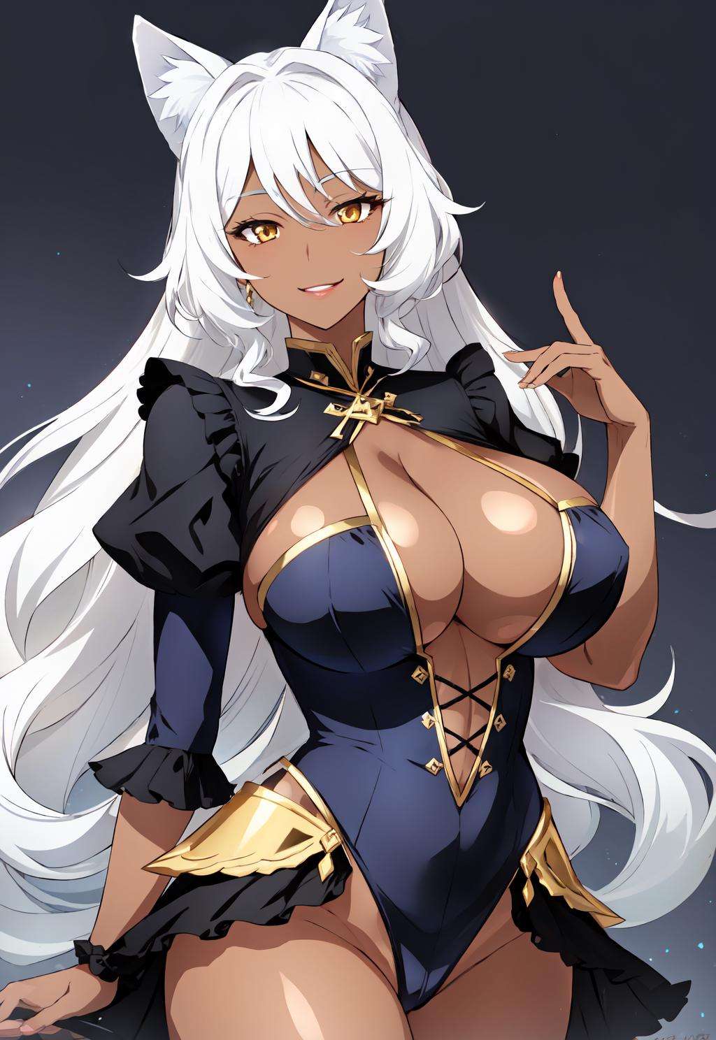 (masterpiece:1.2), (best quality:1.2) 1girl, smiling, big breasts, very dark skin,  cat girl, white hair, frills, golden eyes,  <lora:joyride-15:0.8> 