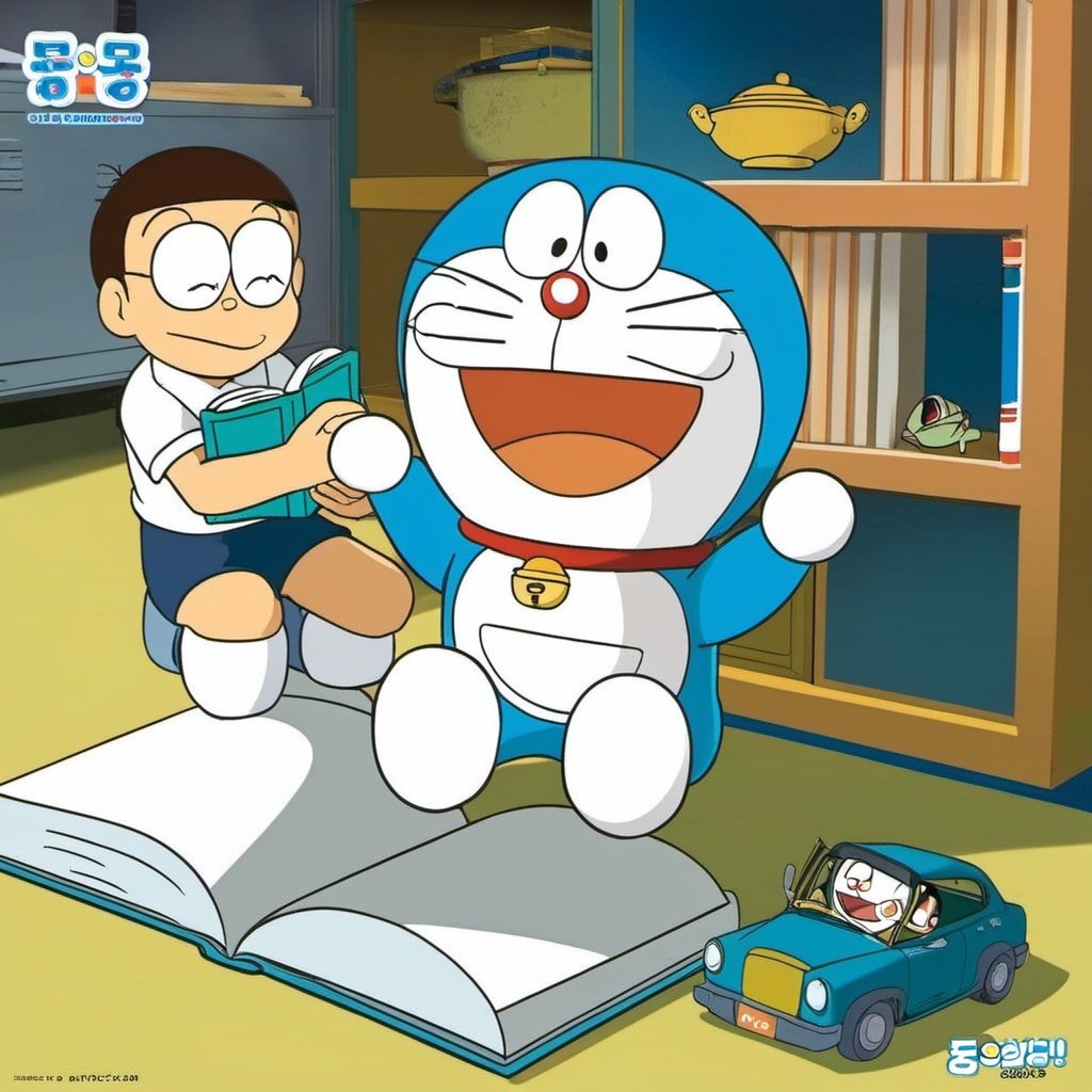 (Doraemon), book, reading, food, male focus, lying, on stomach,shorts, bell, smile, parody,ground vehicle, socks, brown hair, neck bell, crossover, glasses, open book, head rest, motor vehicle, bookshelf, style parody, 1boy, collar, indoors, tatami, sitting, car, blue shorts, artist name, open mouth, flat color, retro artstyle, table, twitter username, trait connection, signature, cosplay, jingle bell, window, closed eyes, official style, shirt, holding book