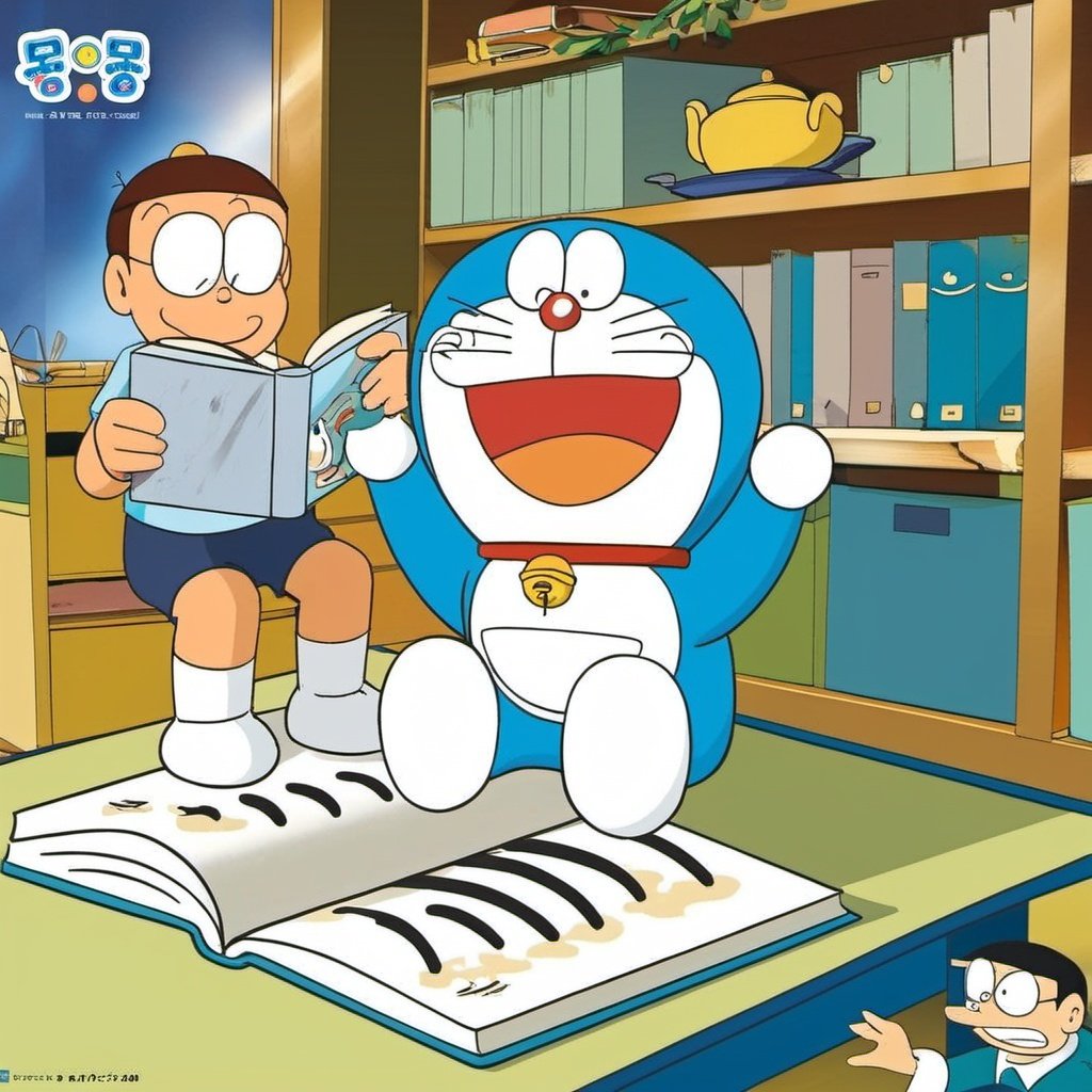 (Doraemon), book, reading, food, male focus, lying, on stomach, multiple boys, shorts, bell, smile, parody, 2boys, ground vehicle, socks, brown hair, neck bell, crossover, glasses, open book, head rest, motor vehicle, bookshelf, style parody, 1boy, collar, indoors, tatami, sitting, car, blue shorts, artist name, open mouth, flat color, retro artstyle, table, twitter username, trait connection, signature, cosplay, jingle bell, window, closed eyes, official style, shirt, holding book