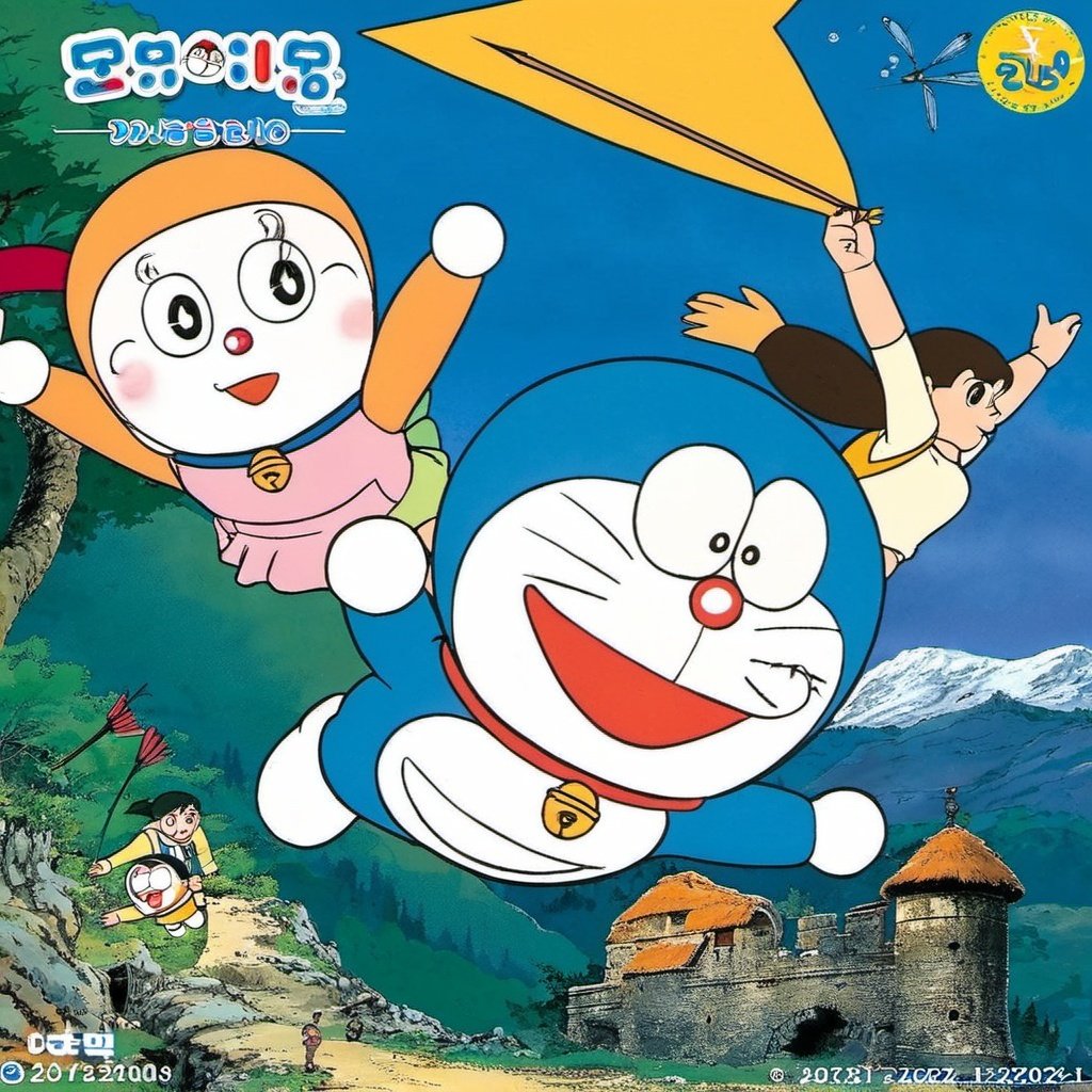 (Doraemon), multiple boys, glasses, bag, parody, bell, brown hair, 1girl, dragonfly, open mouth, tree, sunset, 3boys, smile, shoes, twintails, outdoors, long sleeves, style parody, jingle bell, multiple girls, socks, neck bell, dress, retro artstyle, grass, halo, album cover, sky, black hair, copyright name, running, outstretched arms, skirt, backpack, orange sky, watermark, sun, blue footwear, red footwear, short hair, hat, official style, cloud, bug, crossover, short twintails, collar, shoulder bag, flower, paper airplane, 2girls, 2boys, cat, artist name, plant, shirt, pants, mountain, black eyes, flying, spread arms, arrow (projectile), building, bird, dated, pink dress, full body, cover