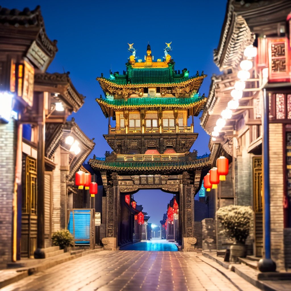 pingyao, arafed view of a street with a tall building in the background, ancient chinese ornate, night dramatic lighting, torri gate, istock, stunning grand architecture, intricate background, chengwei pan, ancient temple, hyper detailed photo, palace, ruxing gao, trending, ancien chinese tower, tang dynasty palace, beautiful hyperdetailed