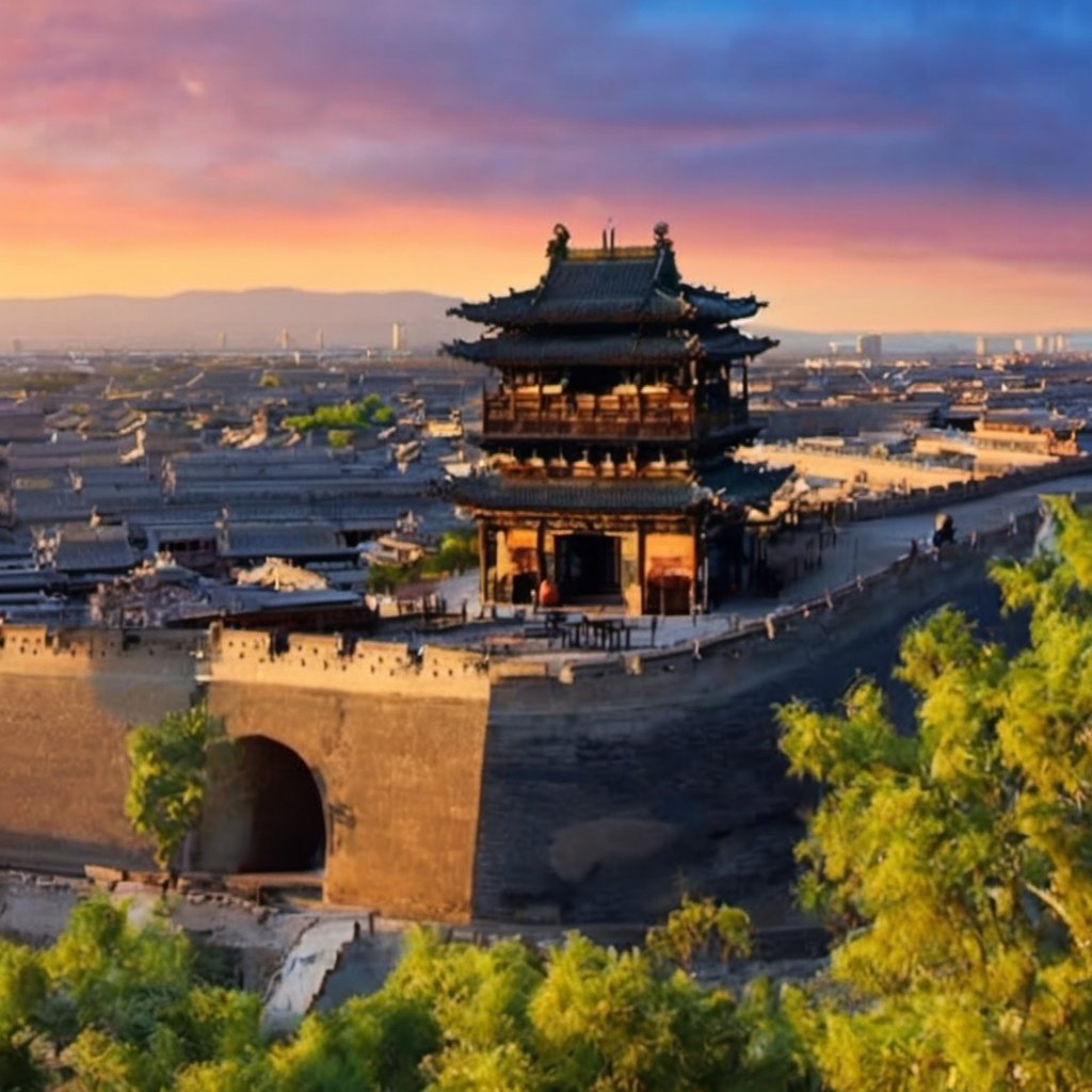 pingyao, arafed view of a pagoda on a wall with a sunset in the background, ancient china, leading to a beautiful, city wall, the, listing image