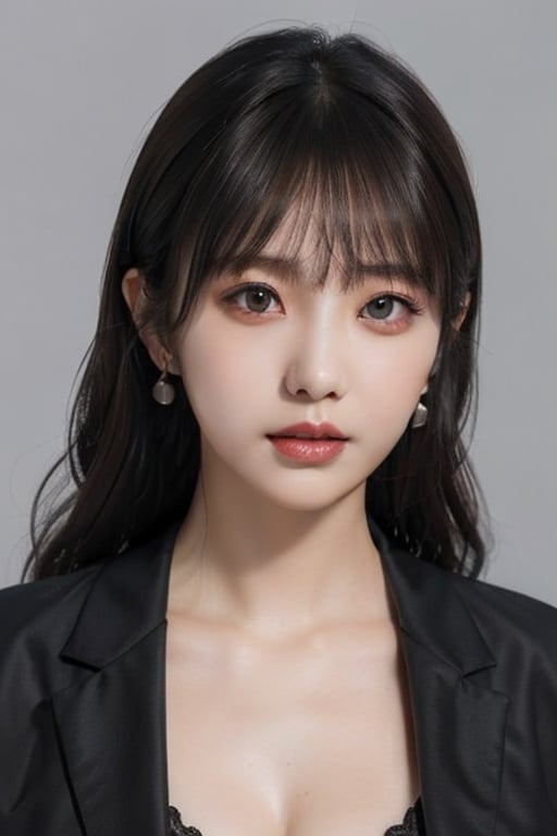 UHD, anatomically correct, textured skin, high details, best quality,1girl, earrings, solo, jewelry, Real hair，Ladies' suit,grey background, (Skin texture:1.2)，breasts,realistic,Real skin,The body is straight，WDR,( ulzzang-6500:0.8), <lora:reallora1:0.5>, <lora:ytyx:0.5>