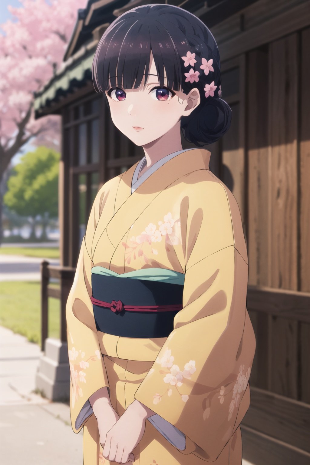 masterpiece, high quality, highres, miyo, 1girl, solo, outdoors, cowboy shot, + kimono, bangs, floral print, hair bun, single hair bun, hair ornament, hair flower, (yellow kimono), obi, looking at viewer, sakura, cherry blossom  <lora:miyo:0.7>