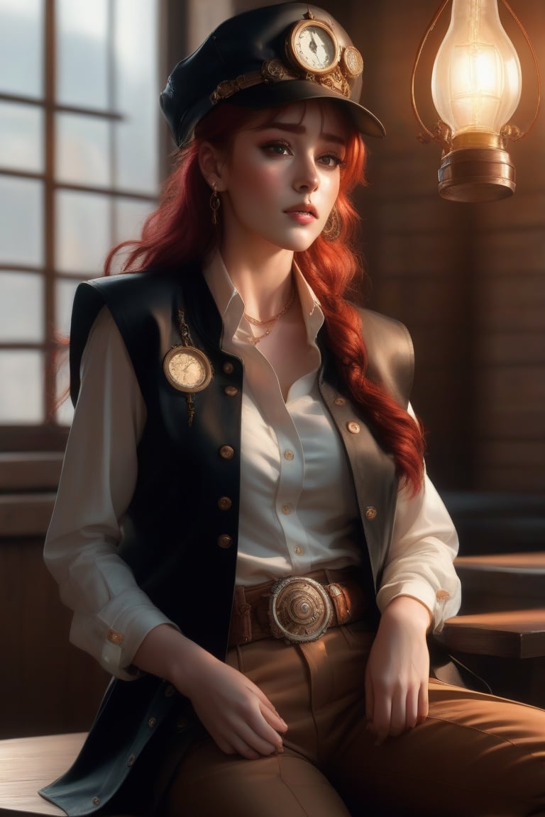 HZ steampunk,Masterpiece, highres,natural volumetric lighting and best shadows,highly detailed face, highly detailed facial features,1girl, hat, steampunk, stool, solo, sitting, bottle, belt, red hair, pants, clock, top hat, hand on hip, looking at viewer, brown eyes, shirt, jewelry, indoors, jacket, smile, white shirt, breasts, cup, holding, long hair, brown pants, black headwear, boots, long sleeves, earrings, bar (place), collared shirt, bar stool, brown vest, buttons, black jacket, table, buckle
