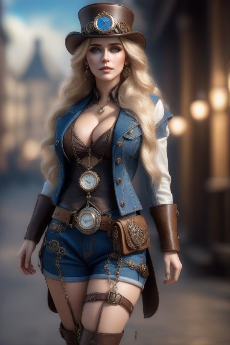 HZ steampunk,Masterpiece, highres,natural volumetric lighting and best shadows,highly detailed face, highly detailed facial features, 1girl,leather clothing, solo, hat, jewelry, breasts, cleavage, earrings, long hair, ring, denim, blue eyes, realistic, blonde hair, shorts, bag, belt, blurry background, jacket, blurry, medium breasts