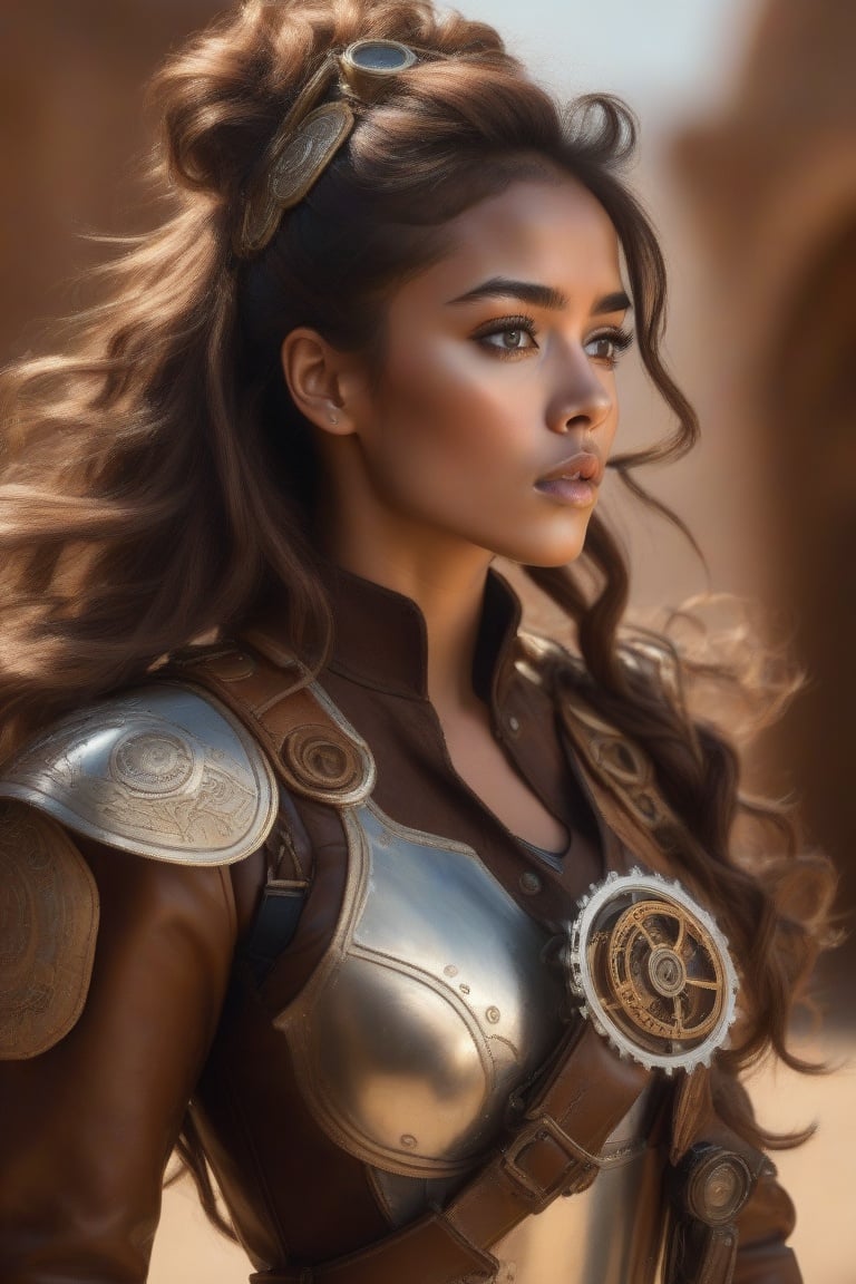 HZ steampunk,Masterpiece, highres,natural volumetric lighting and best shadows,highly detailed face, highly detailed facial features, 1 mature woman,steampunk,athletic, brown and messy hair, weapon, gloves, blurry desert background, brown skin, gun, looking at viewer, blurry, lips, outdoors, cape, belt, cloak, short hair,