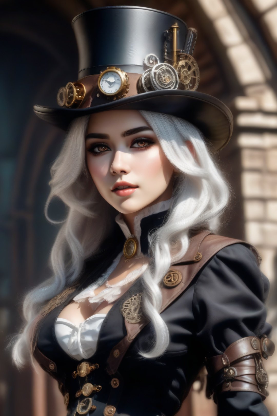 HZ steampunk,upper body,portrait, Masterpiece, highres,natural volumetric lighting and best shadows,highly detailed face, highly detailed facial features, 1girl, solo, long hair, skirt, thighhighs, hat, jewelry, white hair, boots, belt, lips, thigh boots, corset, top hat,steampunk