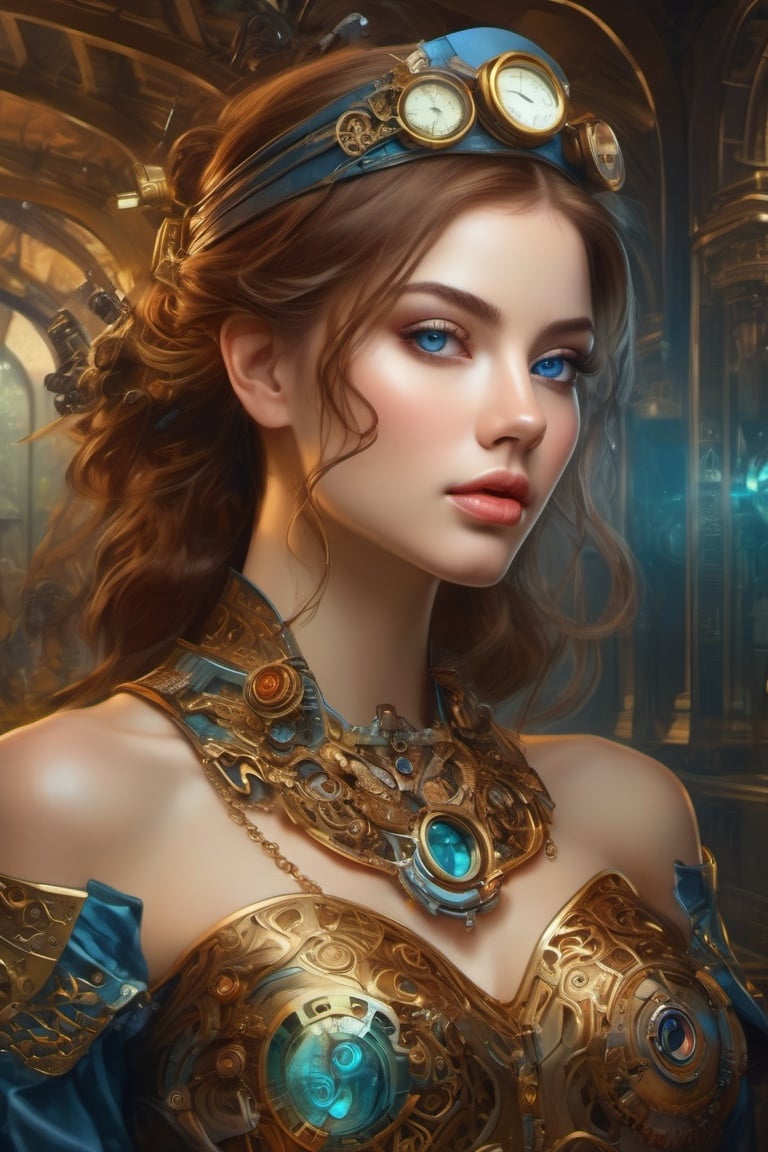 gh3a,HZ Steampunk,belt, gear, 8k portrait of beautiful cyborg with brown hair, intricate, elegant, highly detailed, majestic, digital photography, art by artgerm and ruan jia and greg rutkowski surreal painting gold butterfly filigree, broken glass, bare shoulders, looking at viewer, parted lips,  collarbone, glow blue eyes, lips, see-through, off shoulder, small breasts,